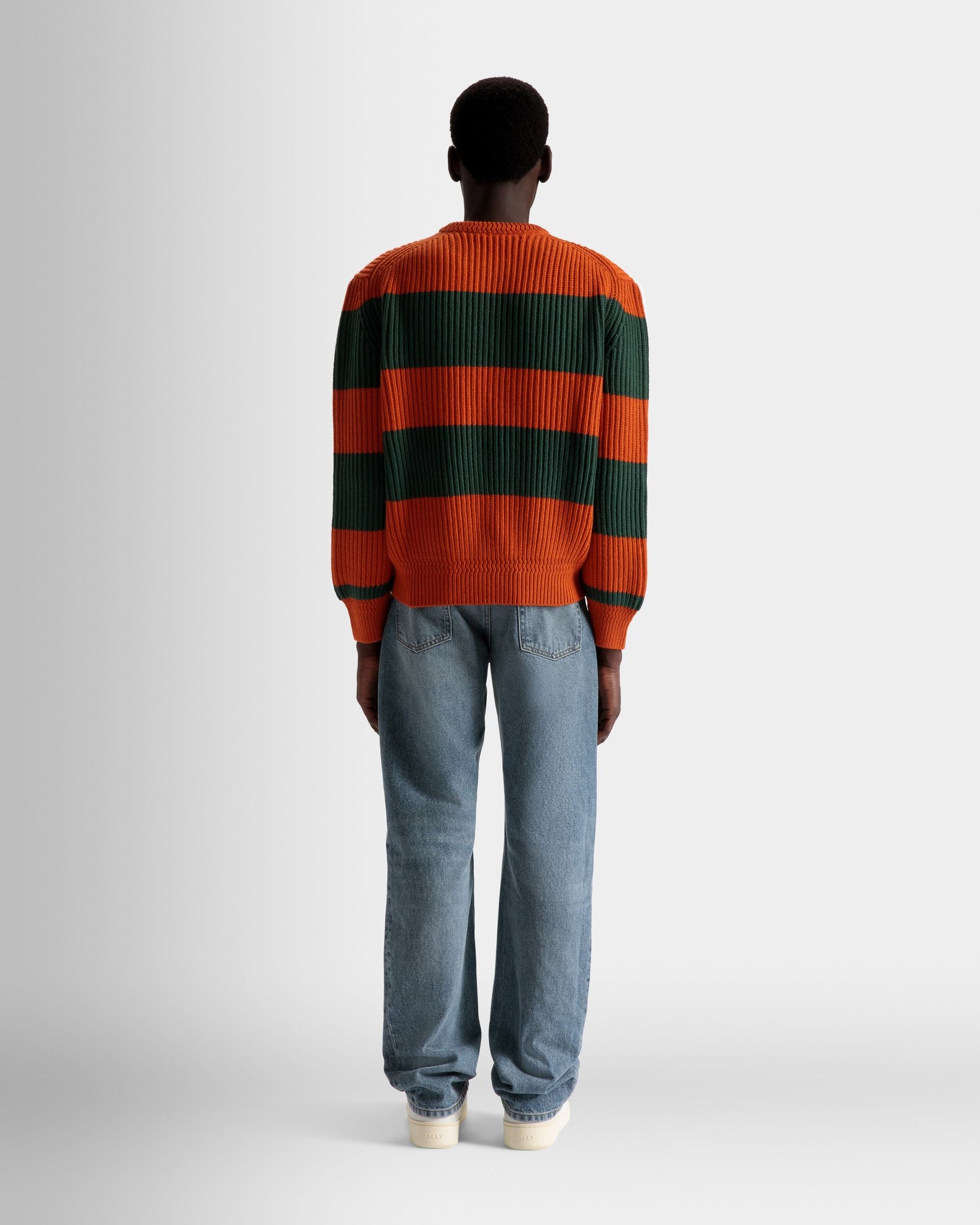 Striped Crew Neck Sweater | Men's Sweater | Orange And Kelly Green Wool | Bally | On Model Back