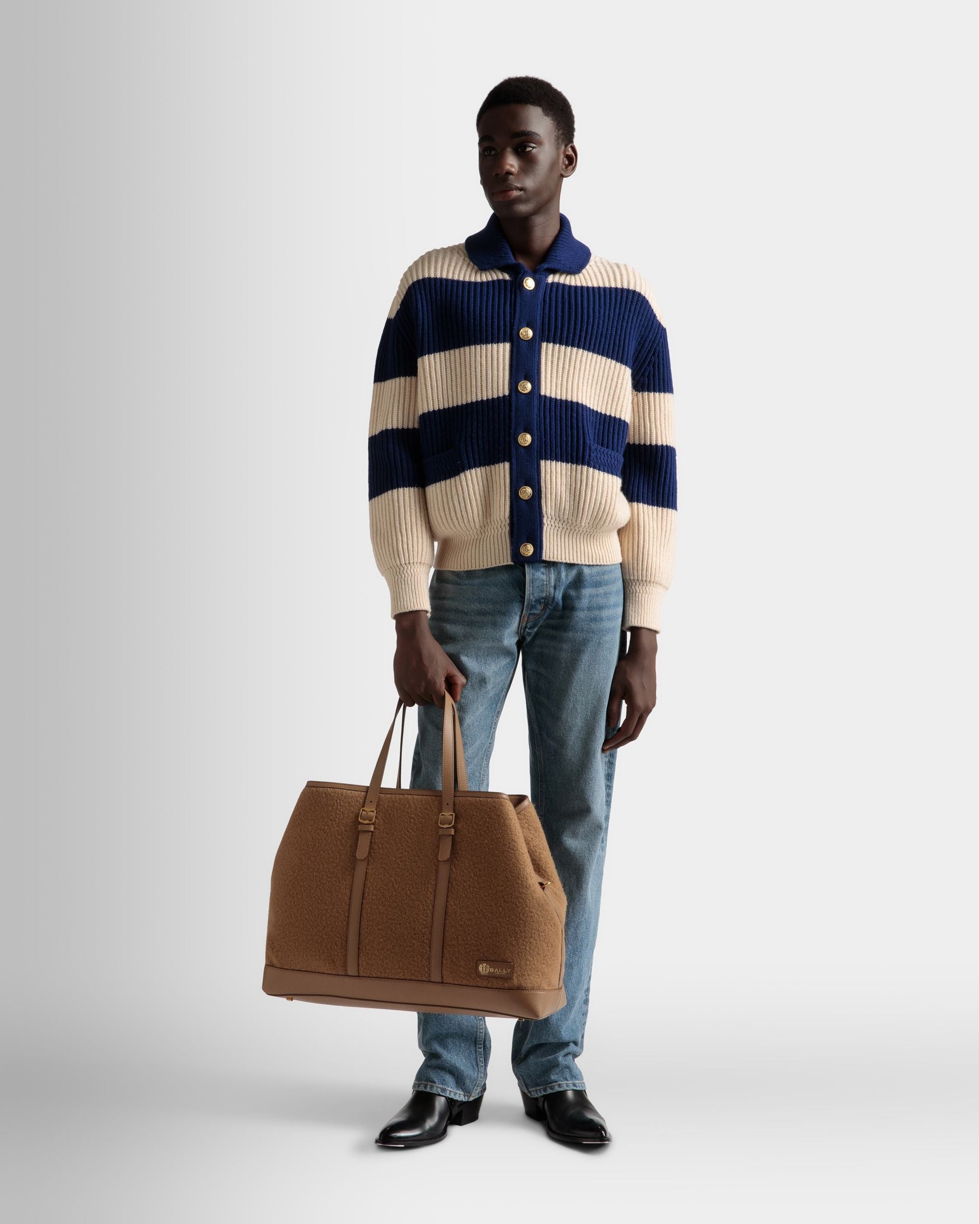 Striped Cardigan | Men's Cardigan | Bone And Marine Wool | Bally | On Model Front