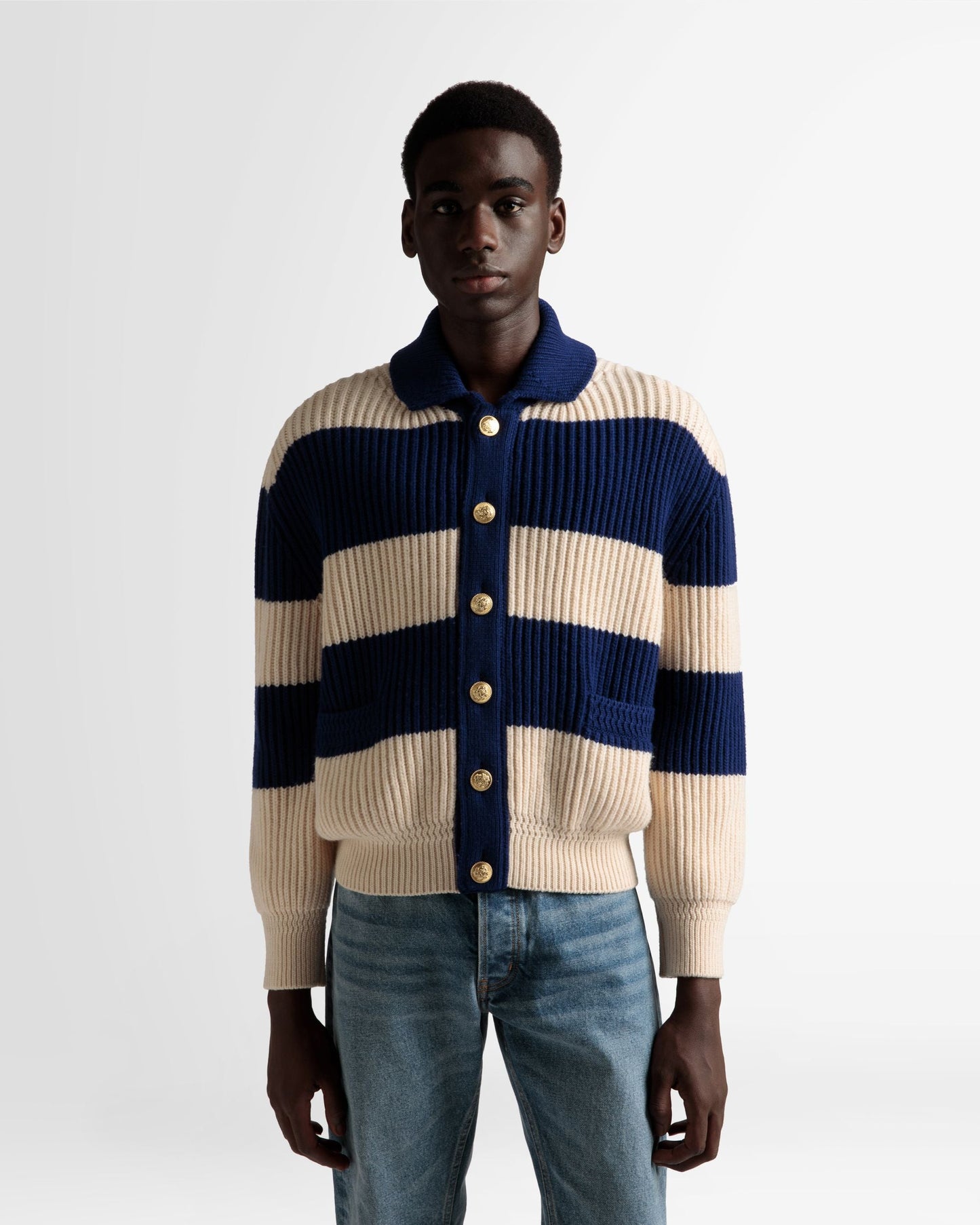 Striped Cardigan | Men's Cardigan | Bone And Marine Wool | Bally | On Model Close Up