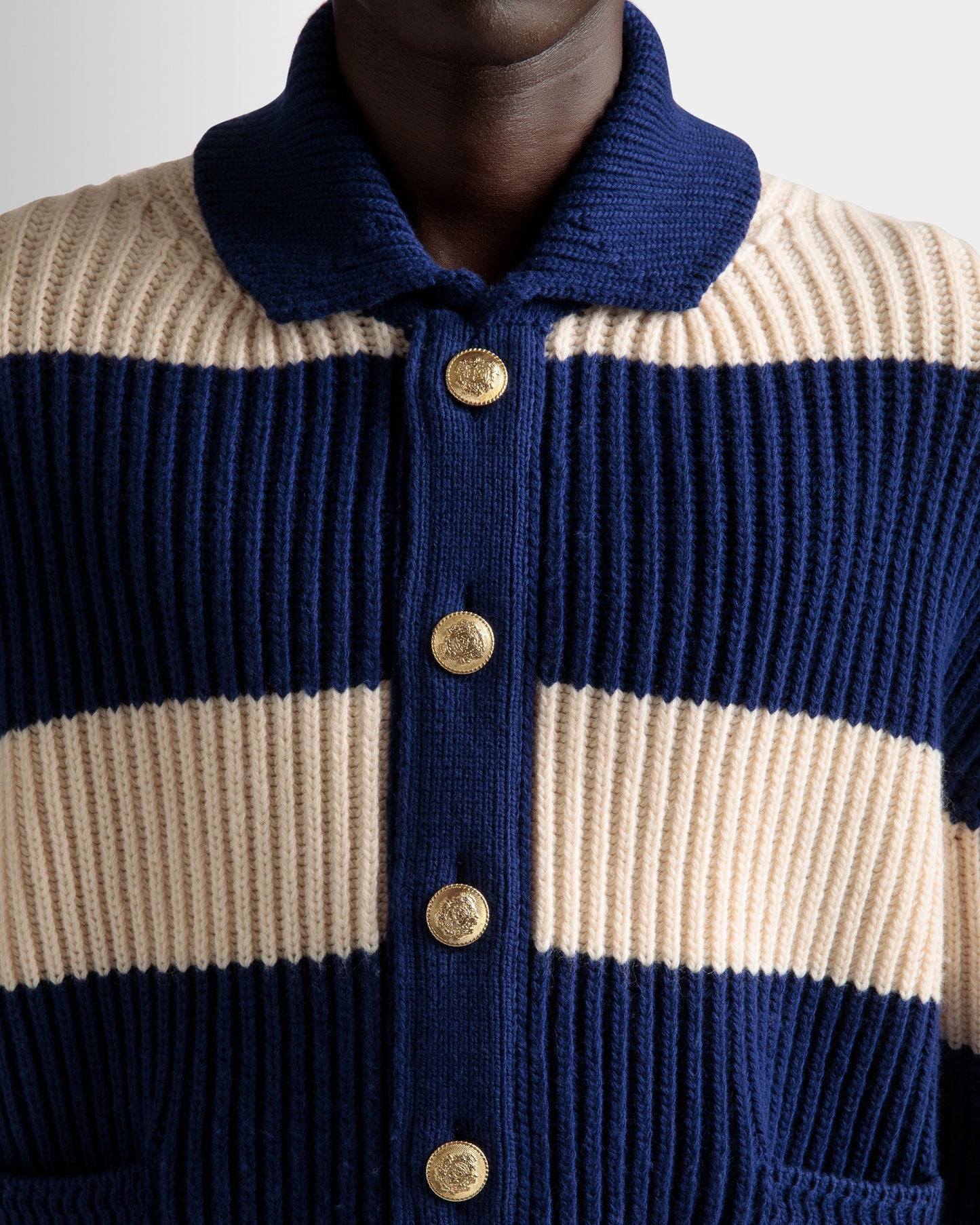 Striped Cardigan | Men's Cardigan | Bone And Marine Wool | Bally | On Model Detail