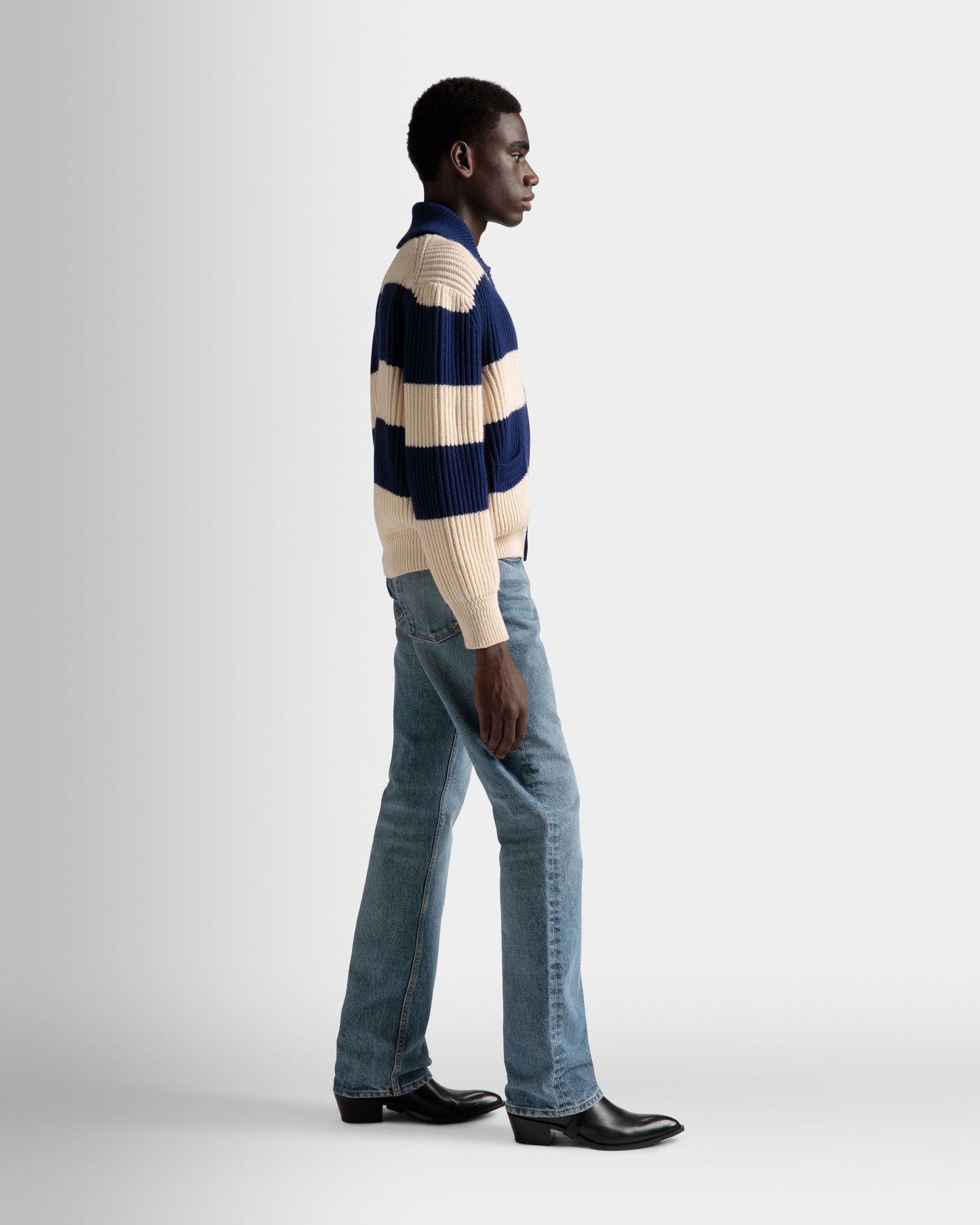 Striped Cardigan | Men's Cardigan | Bone And Marine Wool | Bally | On Model 3/4 Front