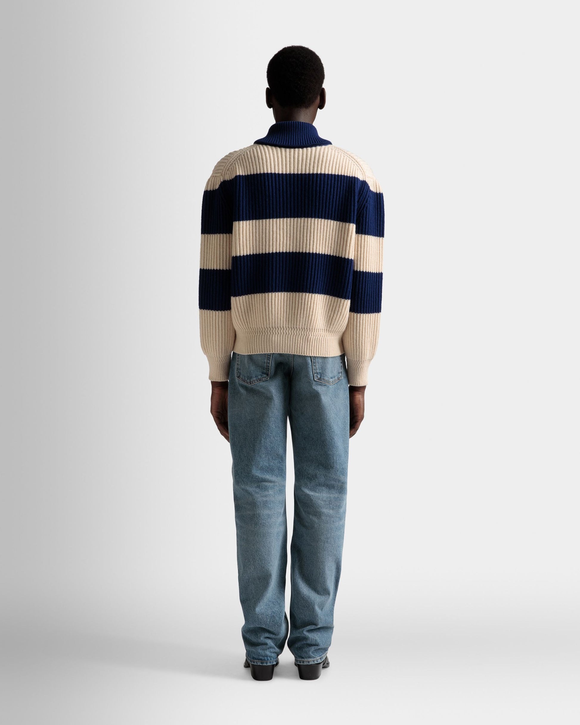 Striped Cardigan | Men's Cardigan | Bone And Marine Wool | Bally | On Model Back