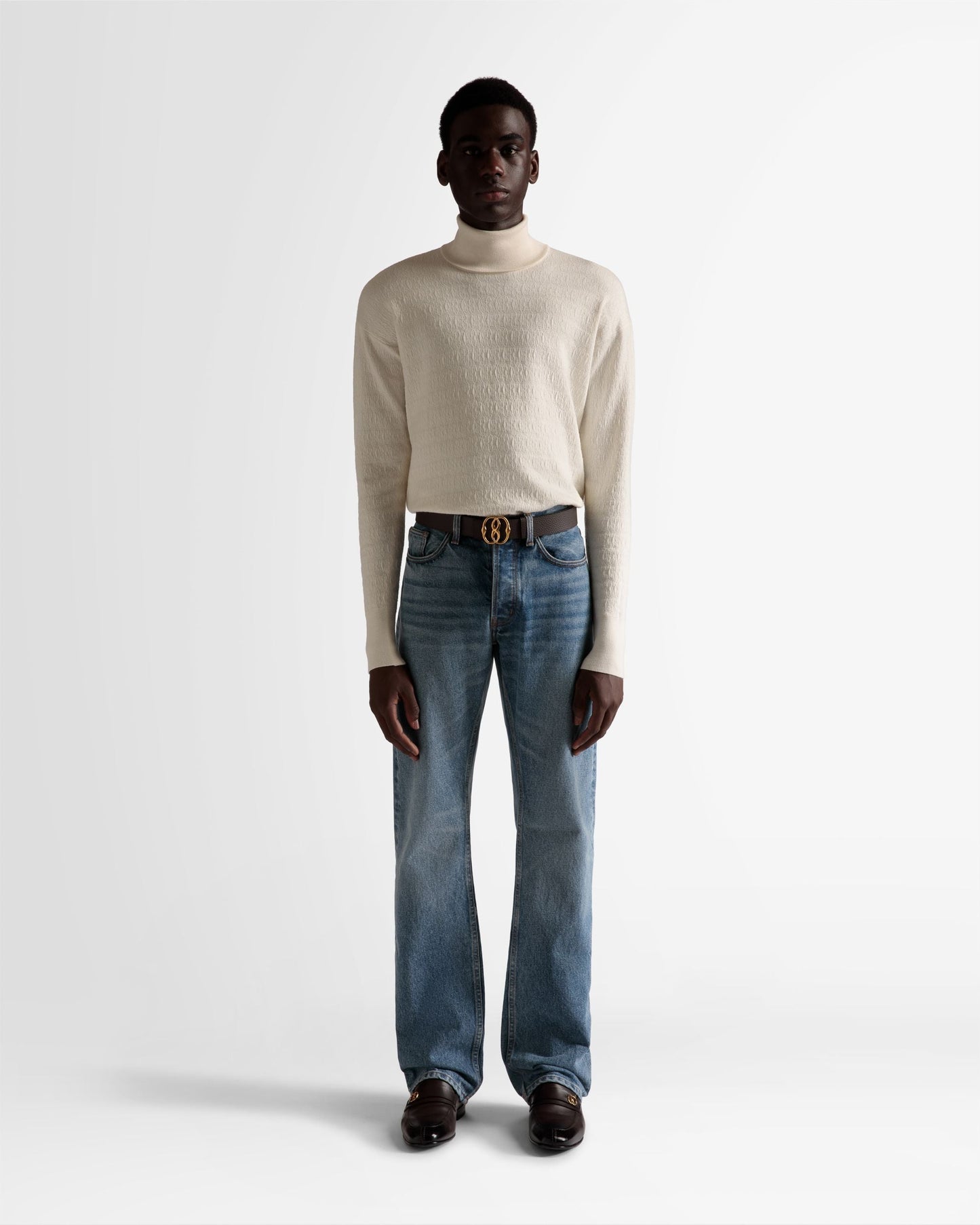 Roll Neck Sweater | Men's Sweater | Bone Wool | Bally | On Model Front