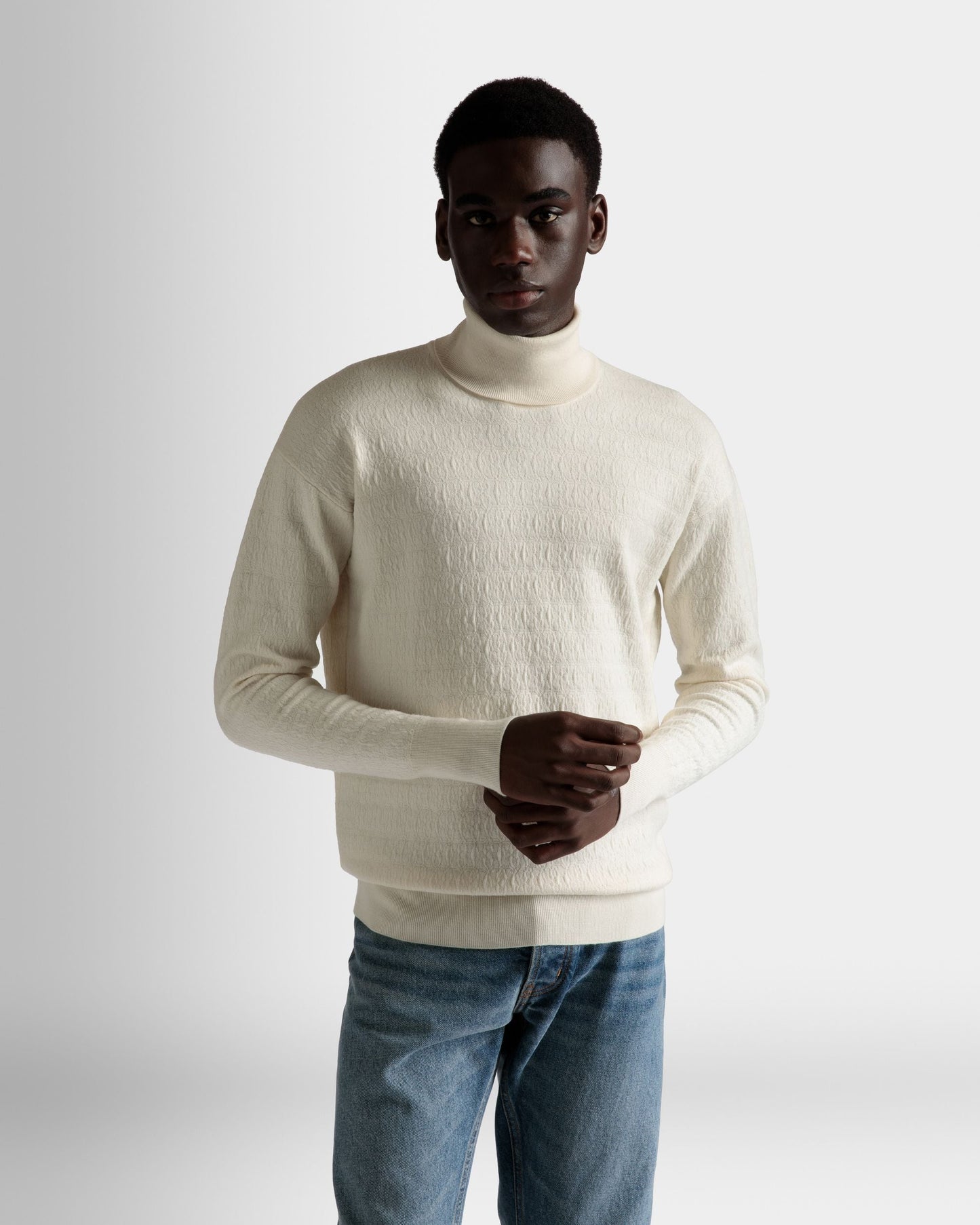 Roll Neck Sweater | Men's Sweater | Bone Wool | Bally | On Model Close Up