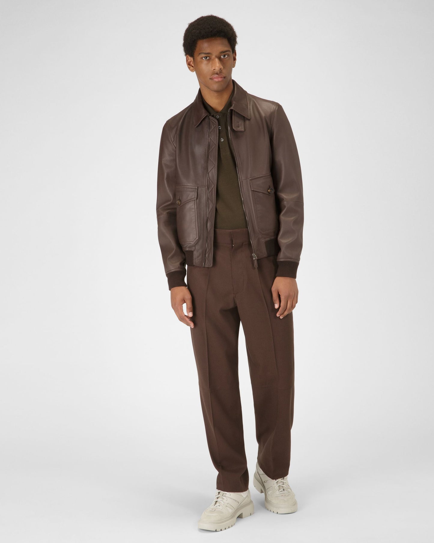 Shirt Collar Jacket Leather Outerwear In Brown