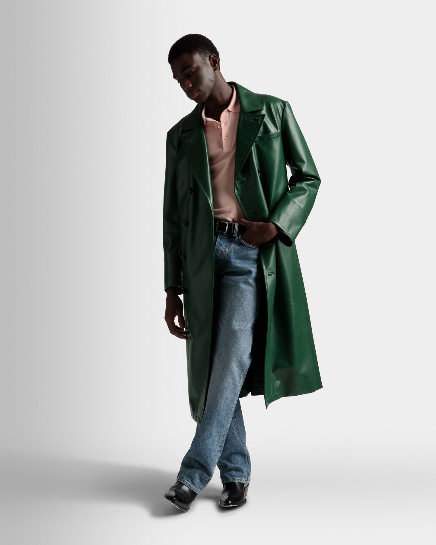 Double Breasted Coat | Men's Outerwear | Kelly Green Leather | Bally | On Model Front