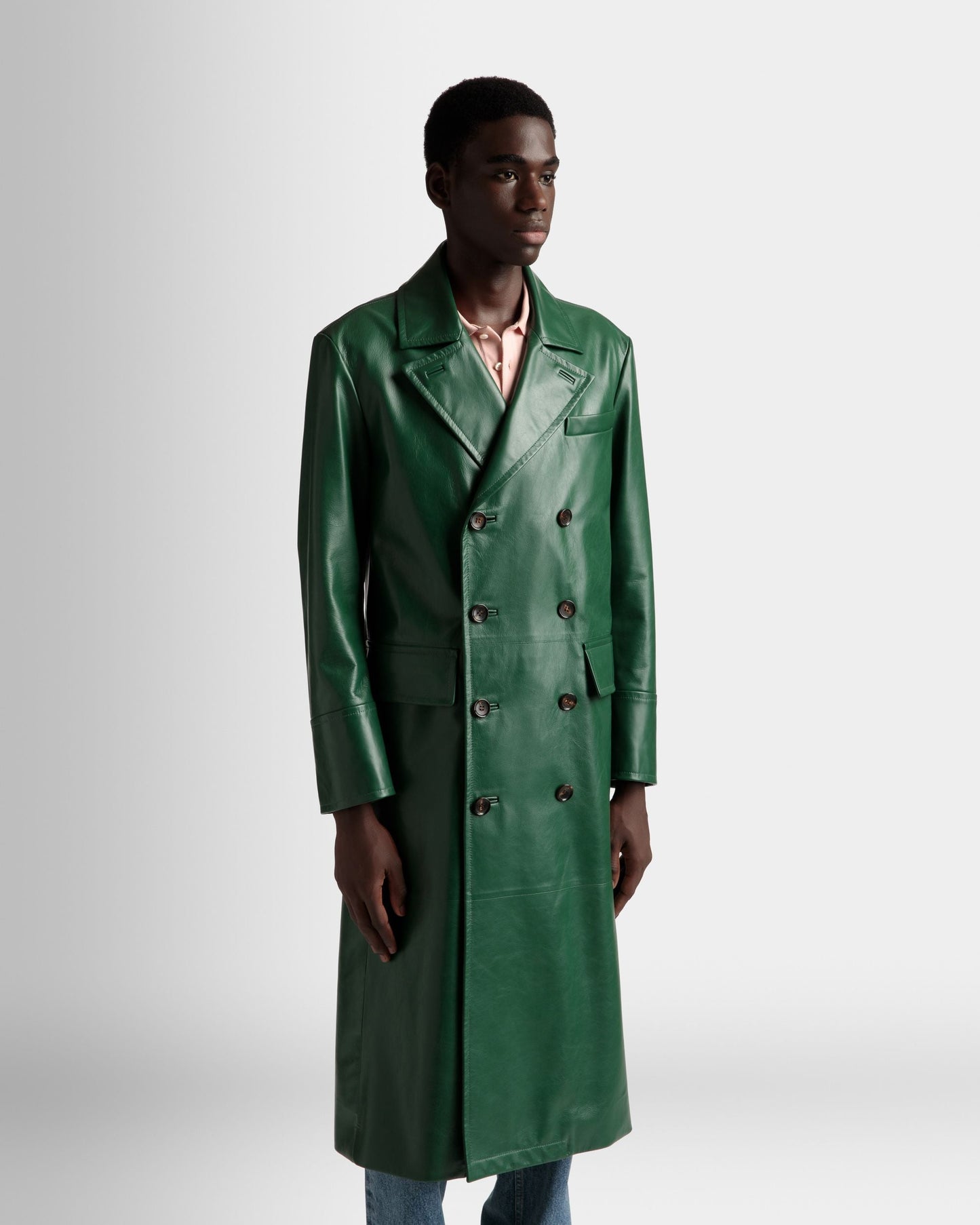 Double Breasted Coat | Men's Outerwear | Kelly Green Leather | Bally | On Model Close Up