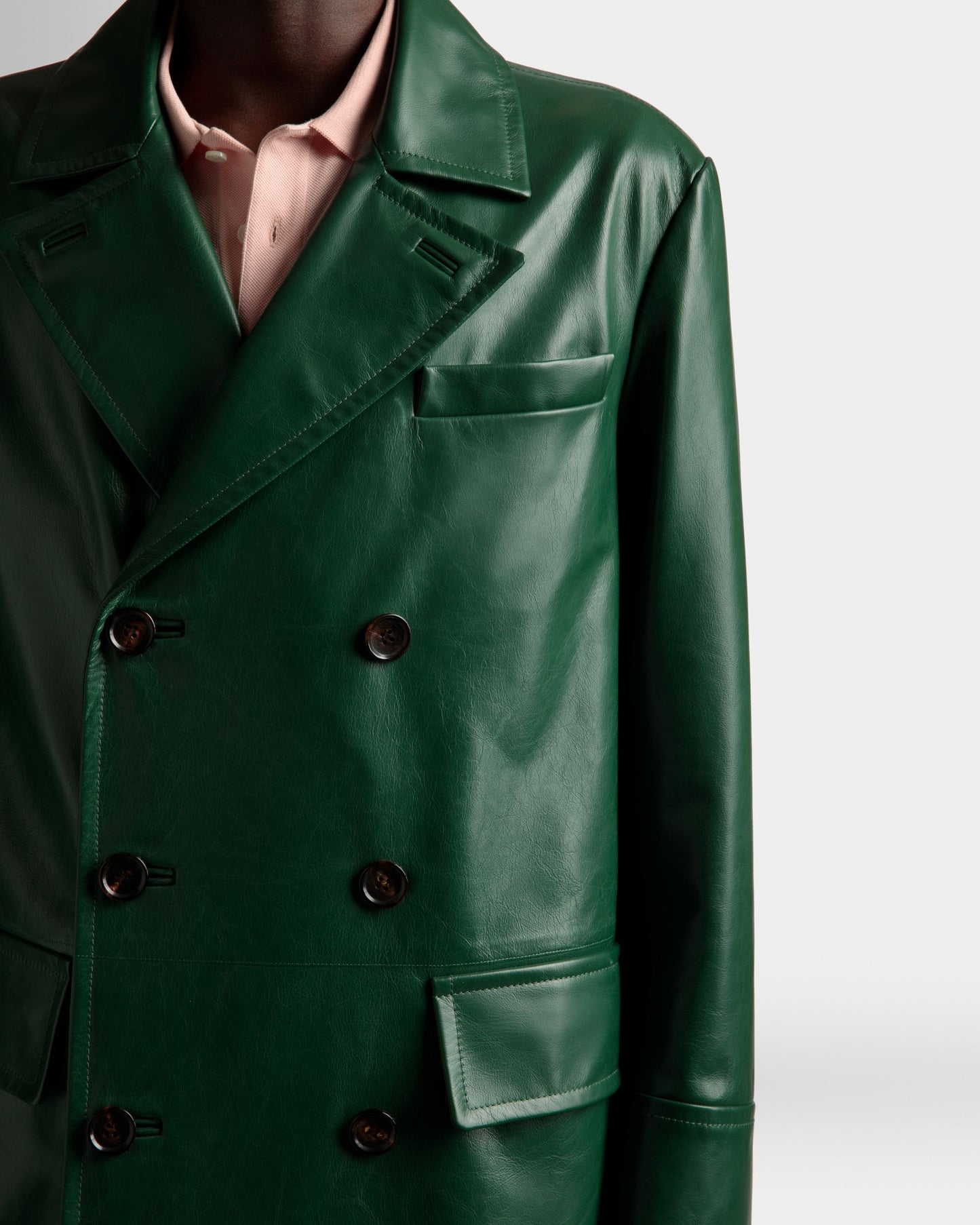 Double Breasted Coat | Men's Outerwear | Kelly Green Leather | Bally | On Model Detail