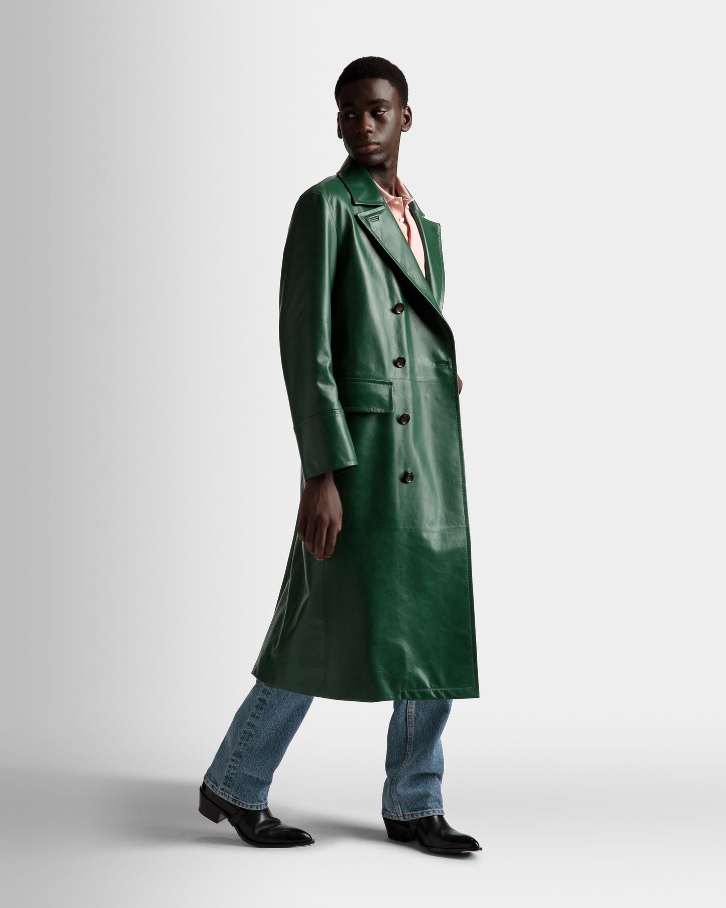 Double Breasted Coat | Men's Outerwear | Kelly Green Leather | Bally | On Model 3/4 Front