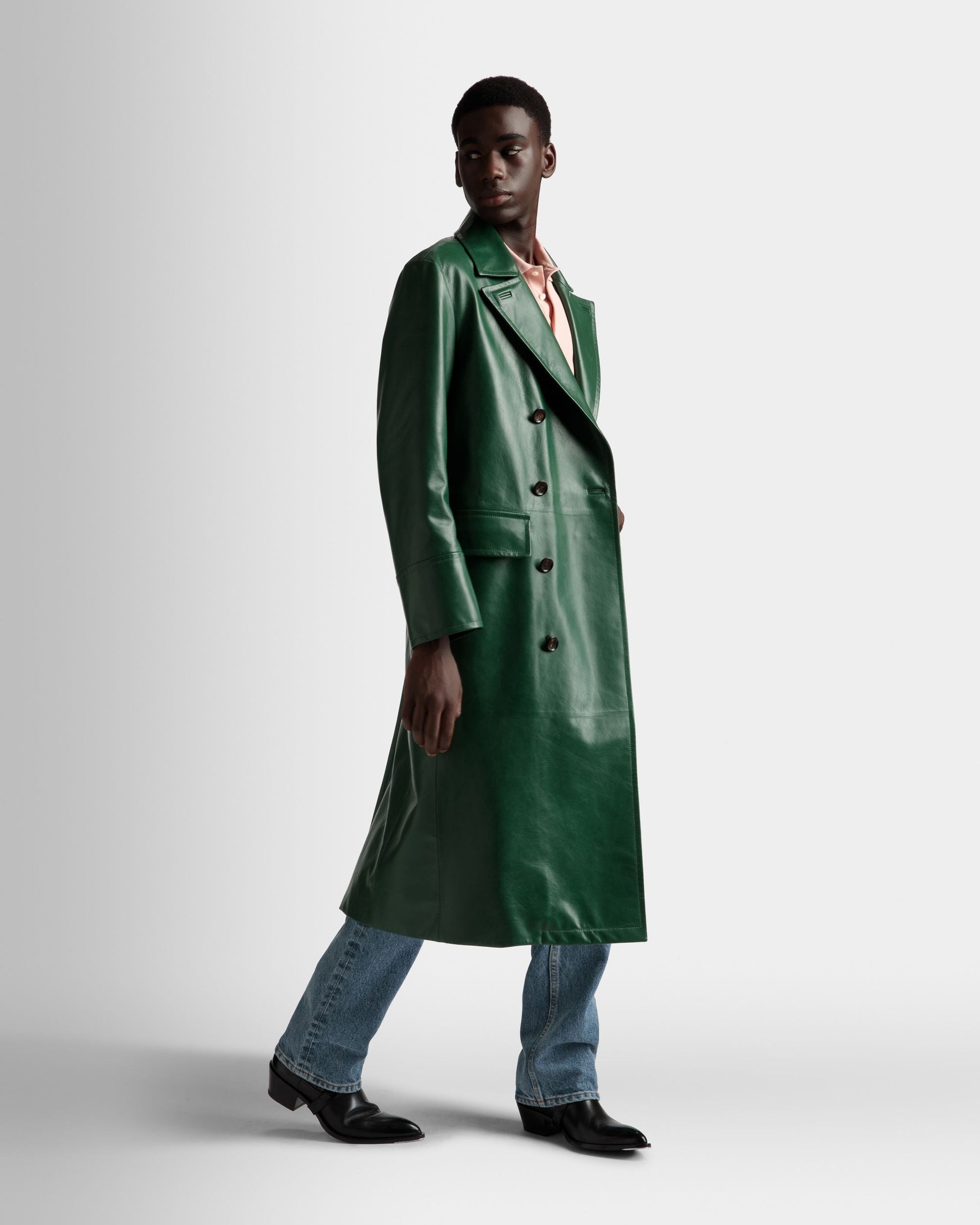 Double Breasted Coat | Men's Outerwear | Kelly Green Leather | Bally | On Model 3/4 Front