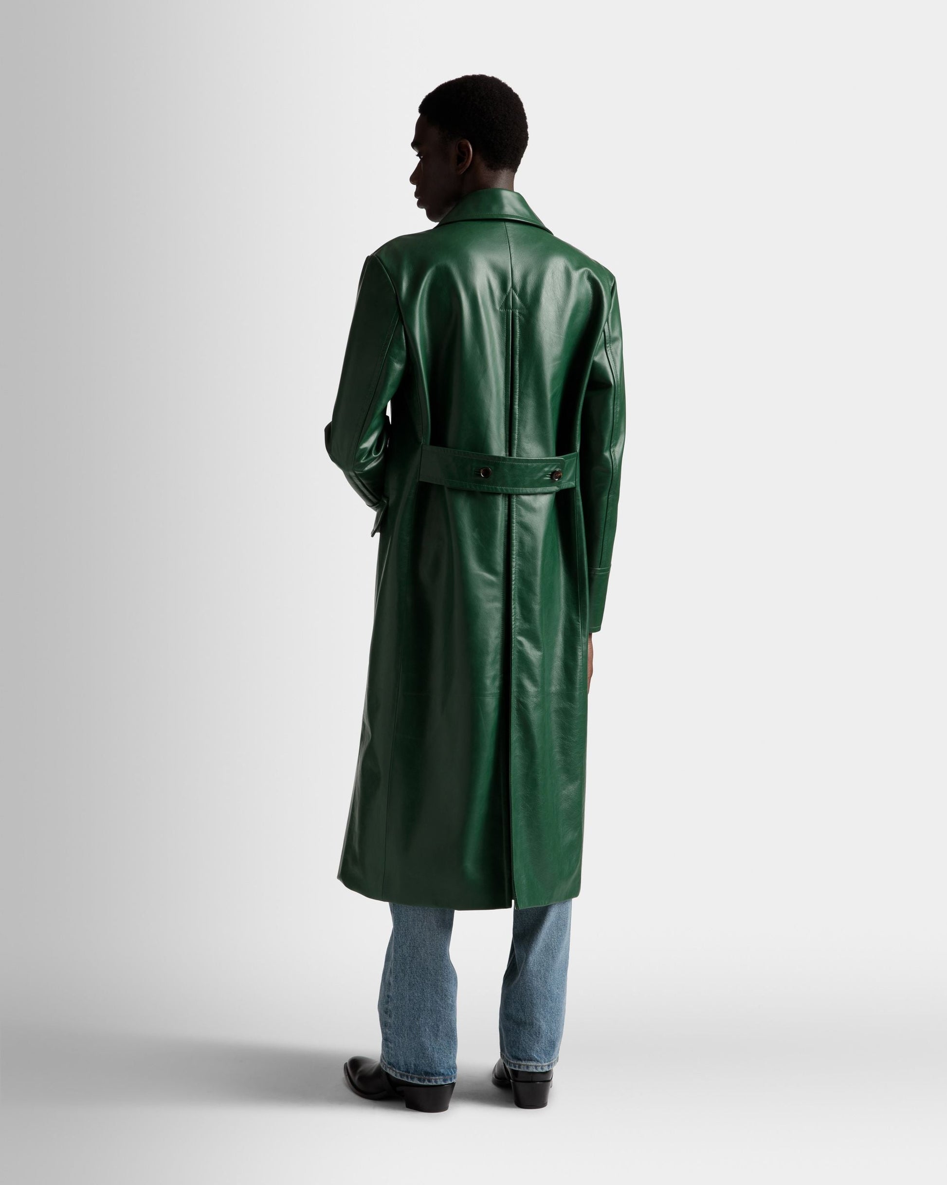 Double Breasted Coat | Men's Outerwear | Kelly Green Leather | Bally | On Model Back