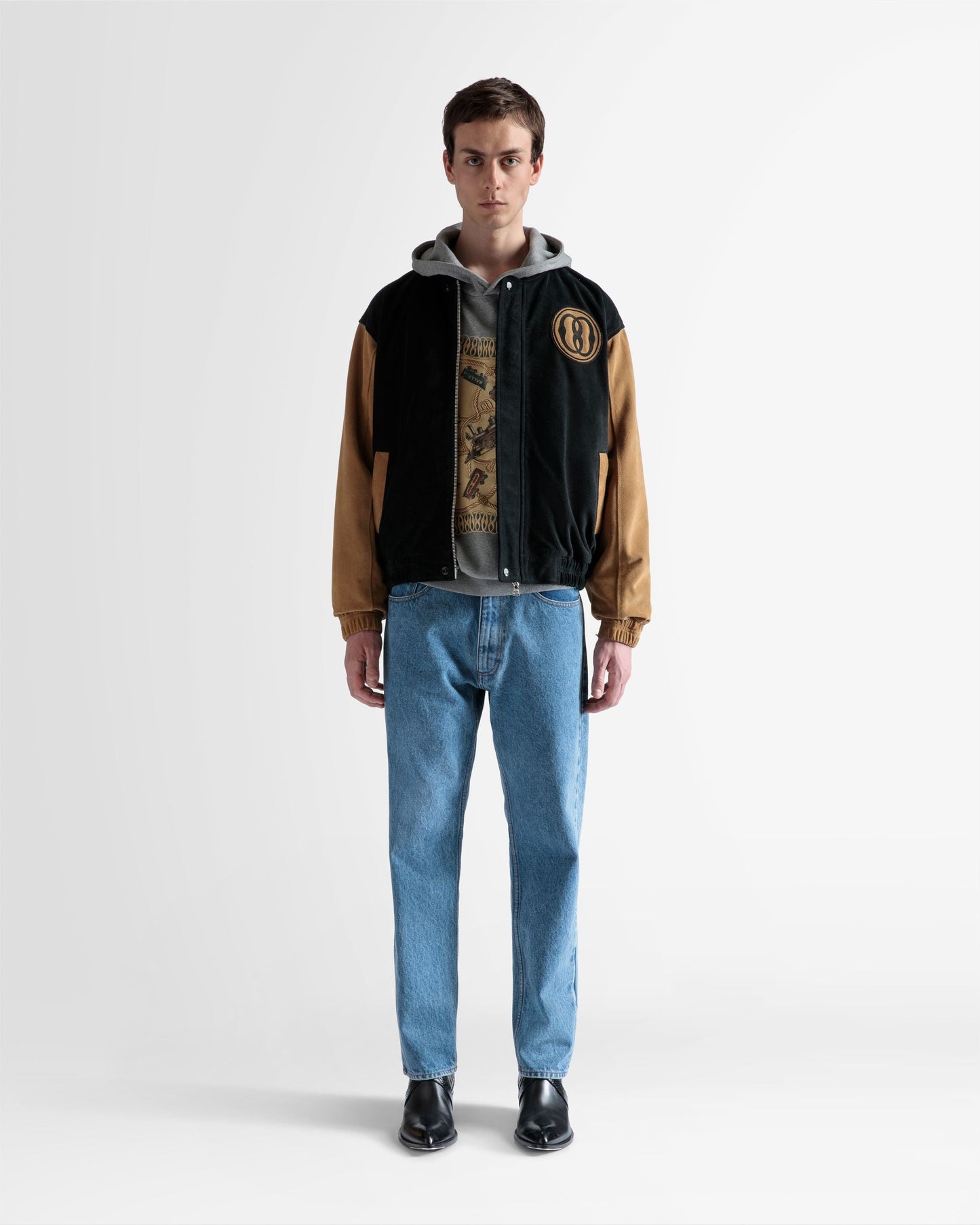 Letterman Jacket |Men's Outerwear | Black And Desert Suede | Bally | On Model Front