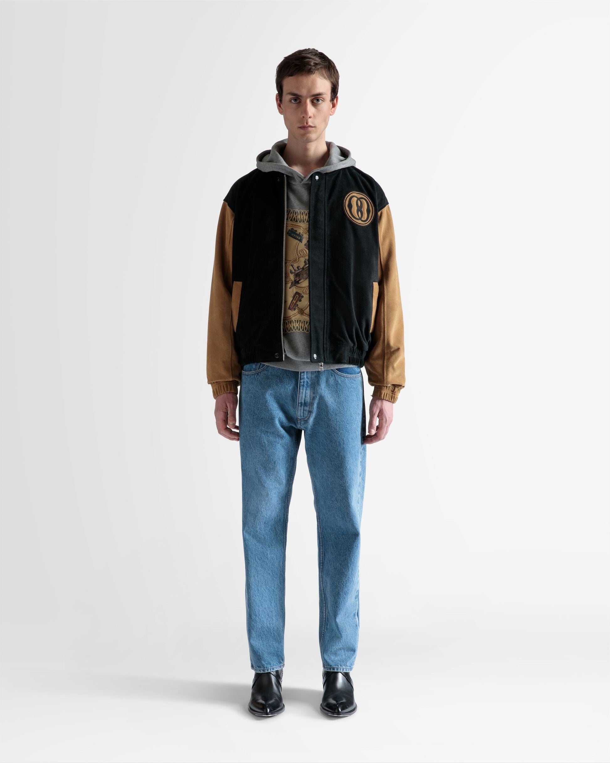 Letterman Jacket |Men's Outerwear | Black And Desert Suede | Bally | On Model Front