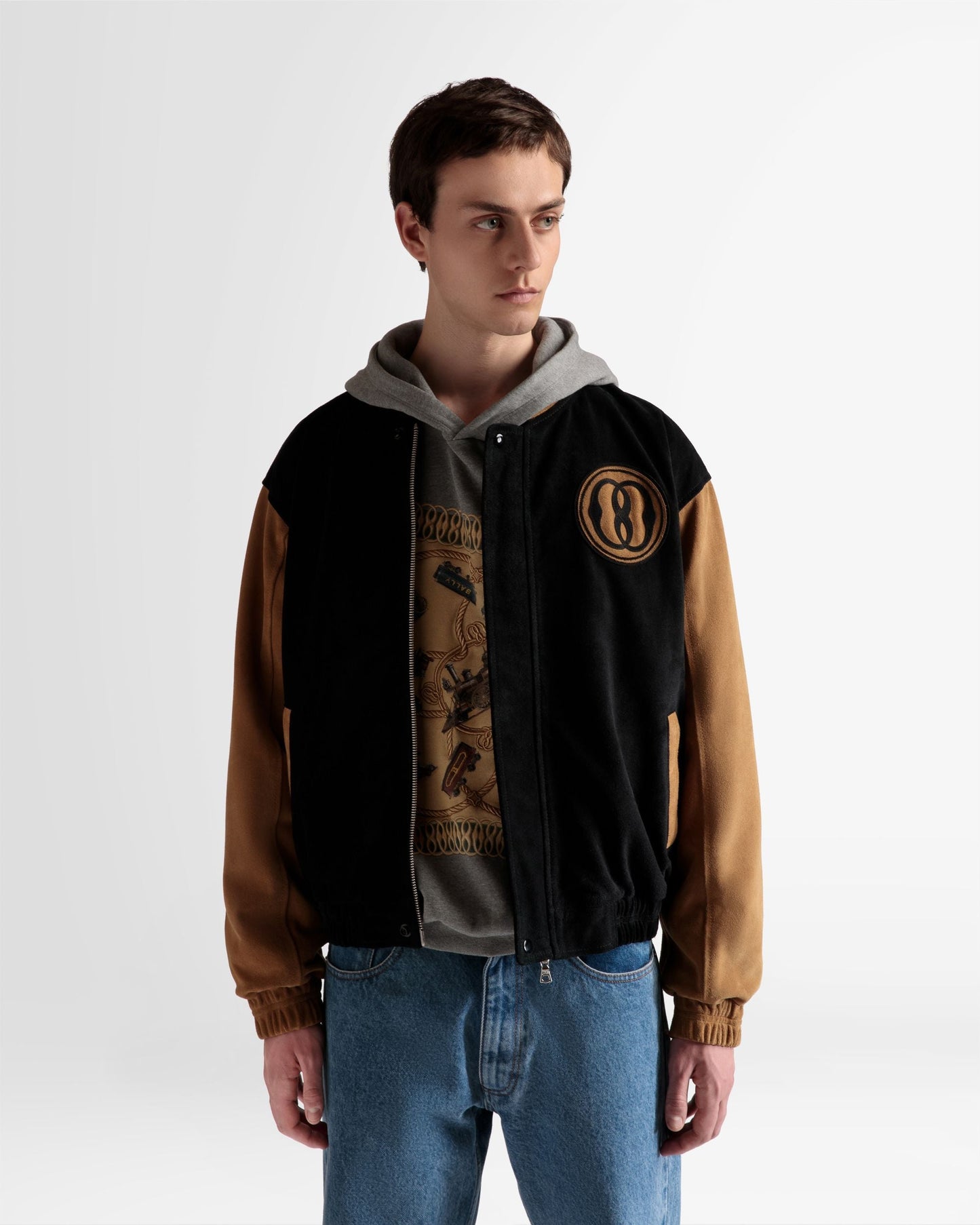 Letterman Jacket |Men's Outerwear | Black And Desert Suede | Bally | On Model Close Up