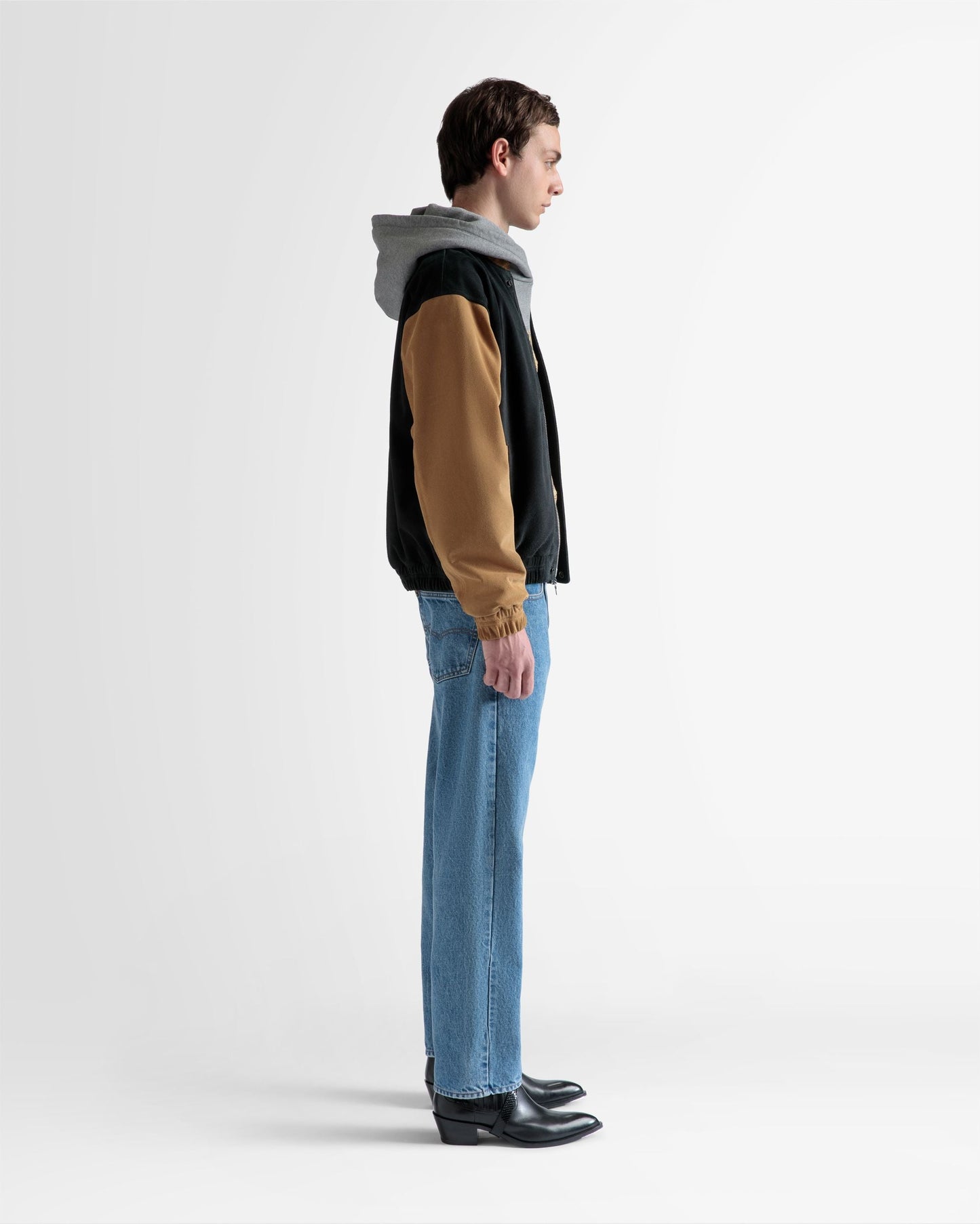 Letterman Jacket |Men's Outerwear | Black And Desert Suede | Bally | On Model 3/4 Front