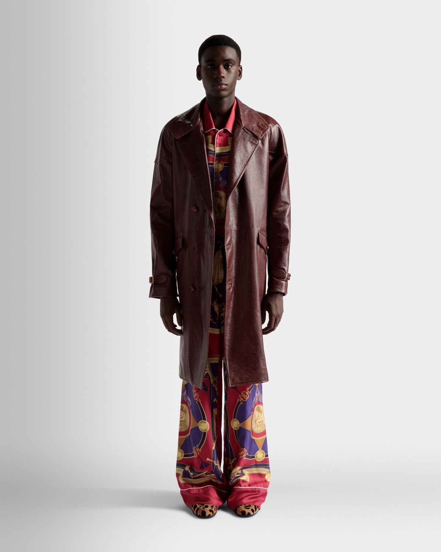 Pea Coat | Men's Coat | Burgundy Leather | Bally | On Model Front
