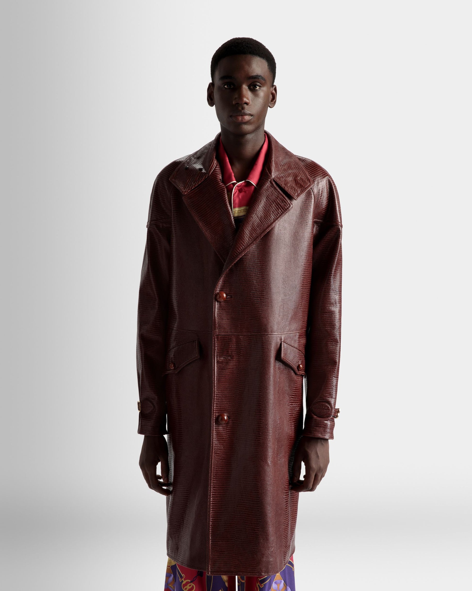 Pea Coat | Men's Coat | Burgundy Leather | Bally | On Model Close Up