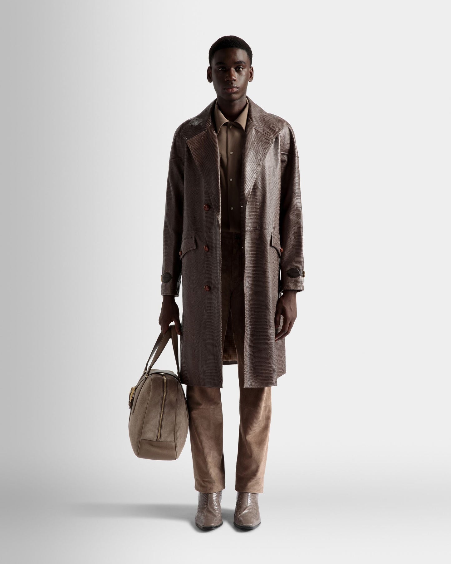 Pea Coat | Men's Coat | Grey Leather | Bally | On Model Front