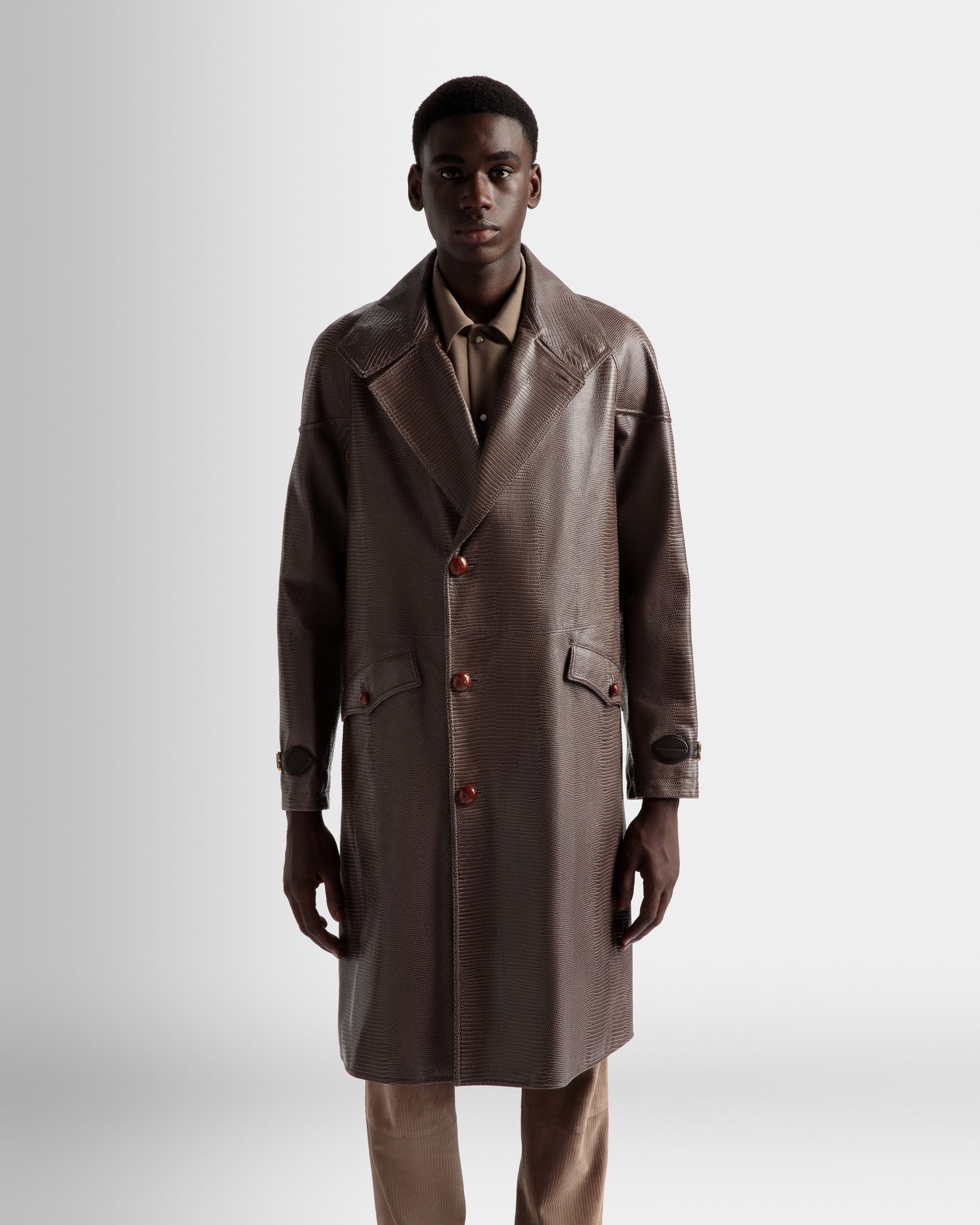 Pea Coat | Men's Coat | Grey Leather | Bally | On Model Close Up