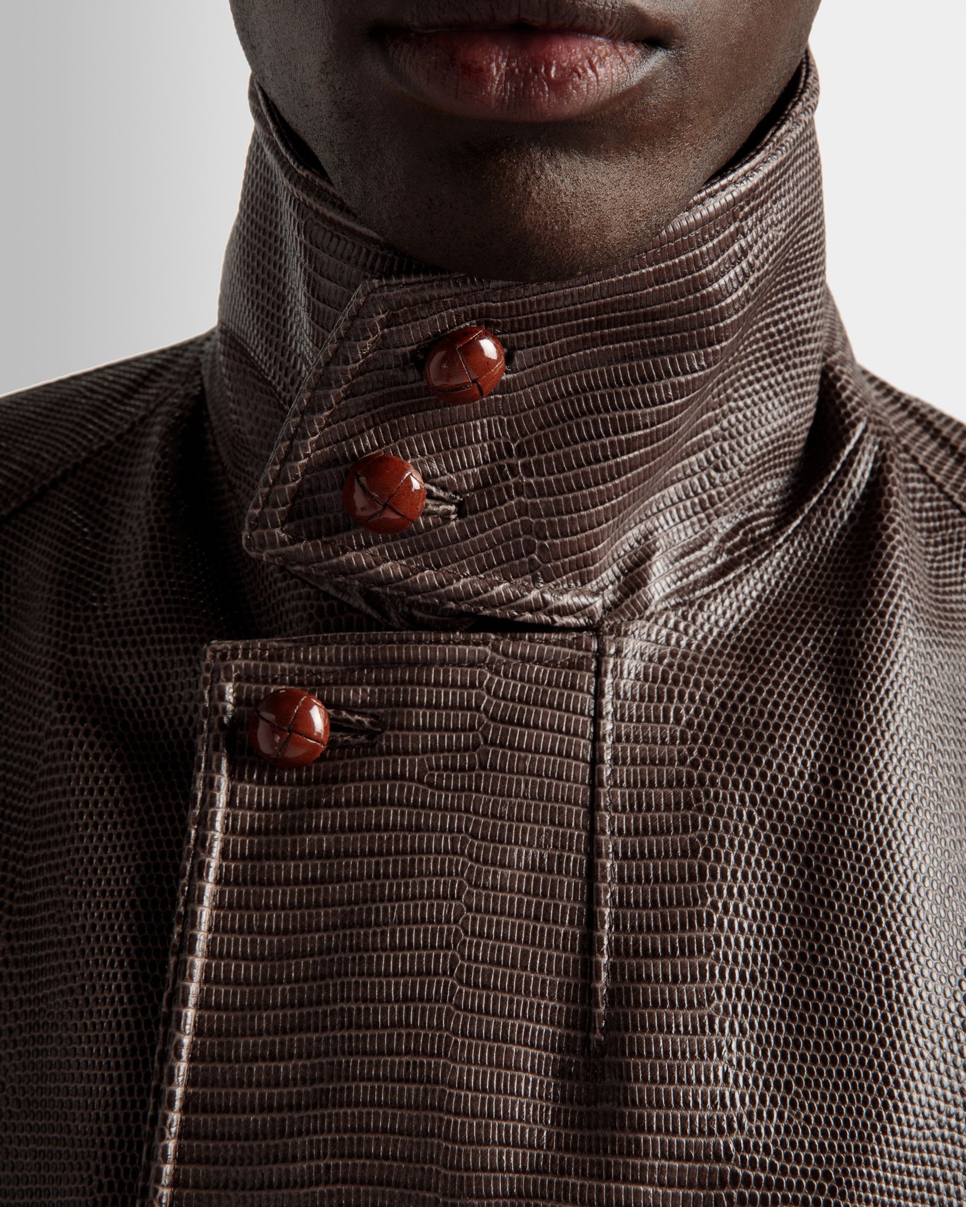Pea Coat | Men's Coat | Grey Leather | Bally | On Model Detail