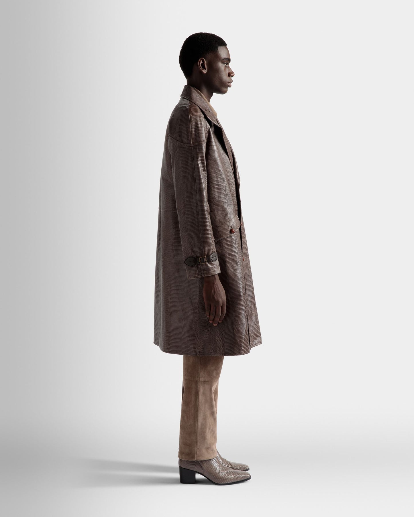 Pea Coat | Men's Coat | Grey Leather | Bally | On Model 3/4 Front