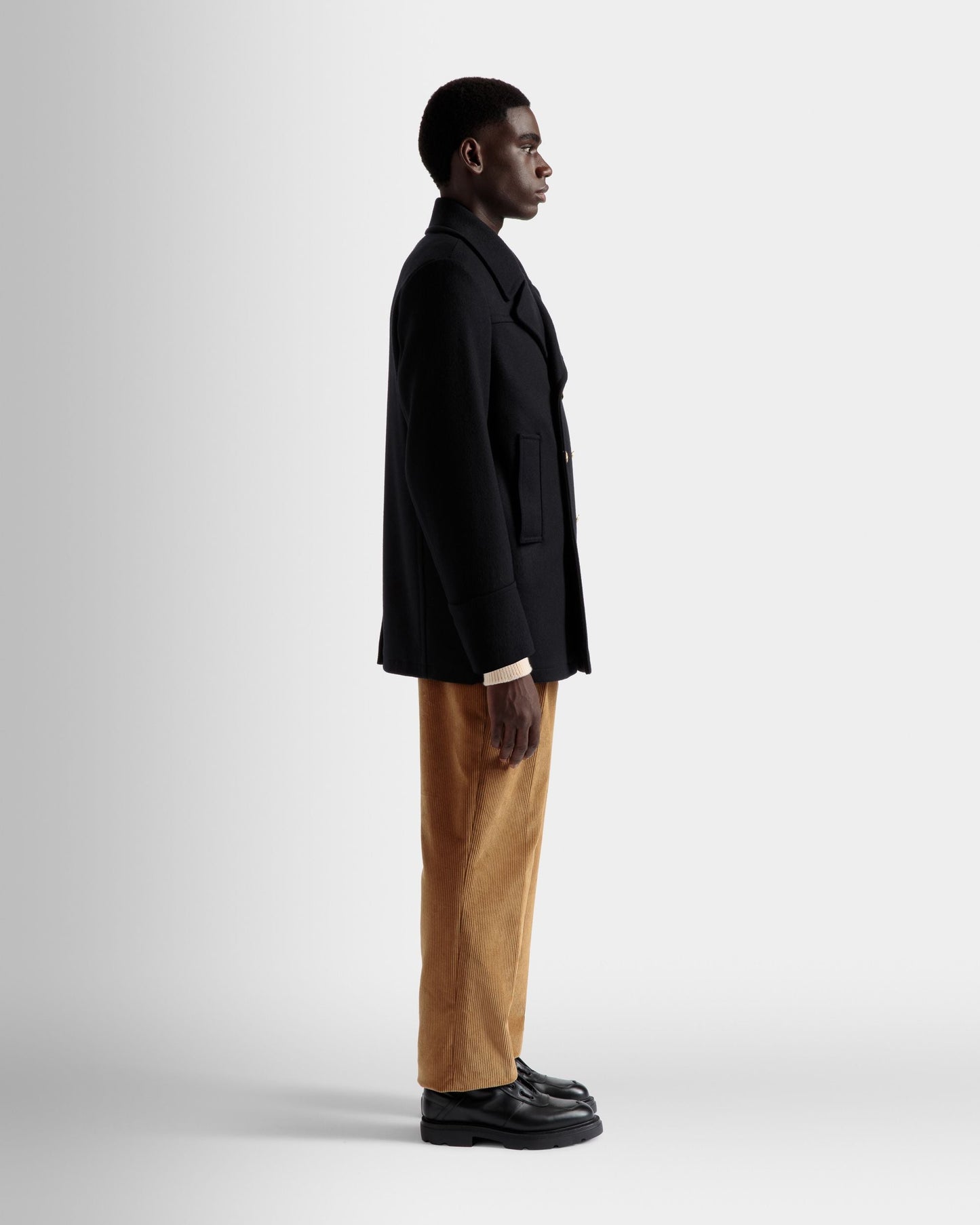 Double Breasted Coat | Men's Outerwear | Navy Wool Mix | Bally | On Model 3/4 Front