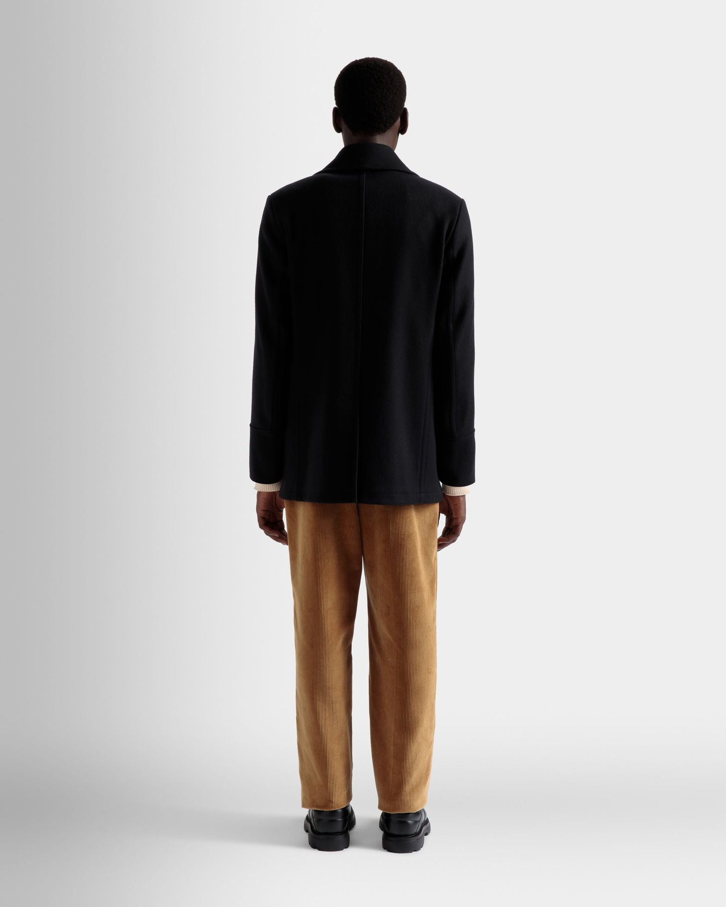 Double Breasted Coat | Men's Outerwear | Navy Wool Mix | Bally | On Model Back