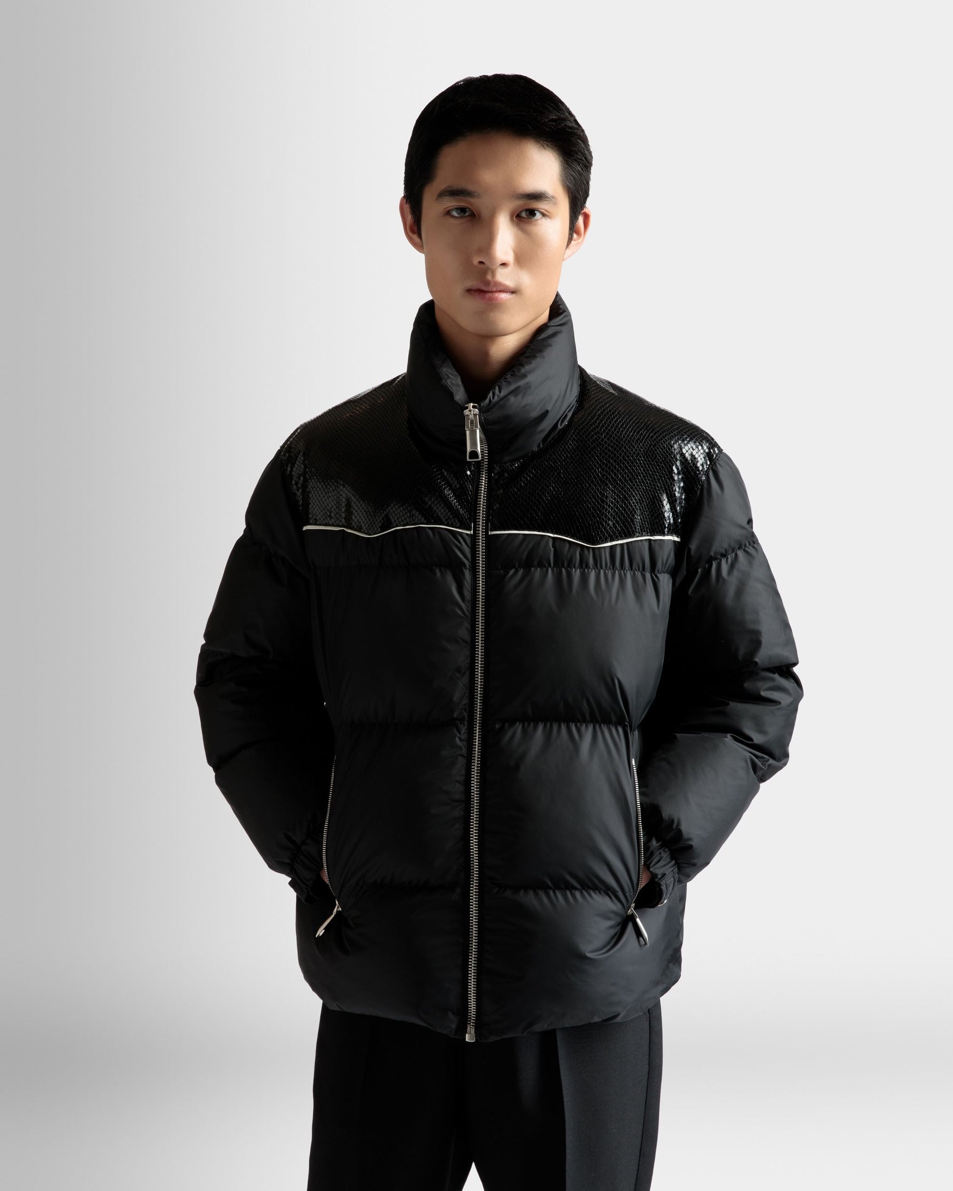 Puffer Jacket | Men's Outerwear | Black Nylon | Bally | On Model Close Up