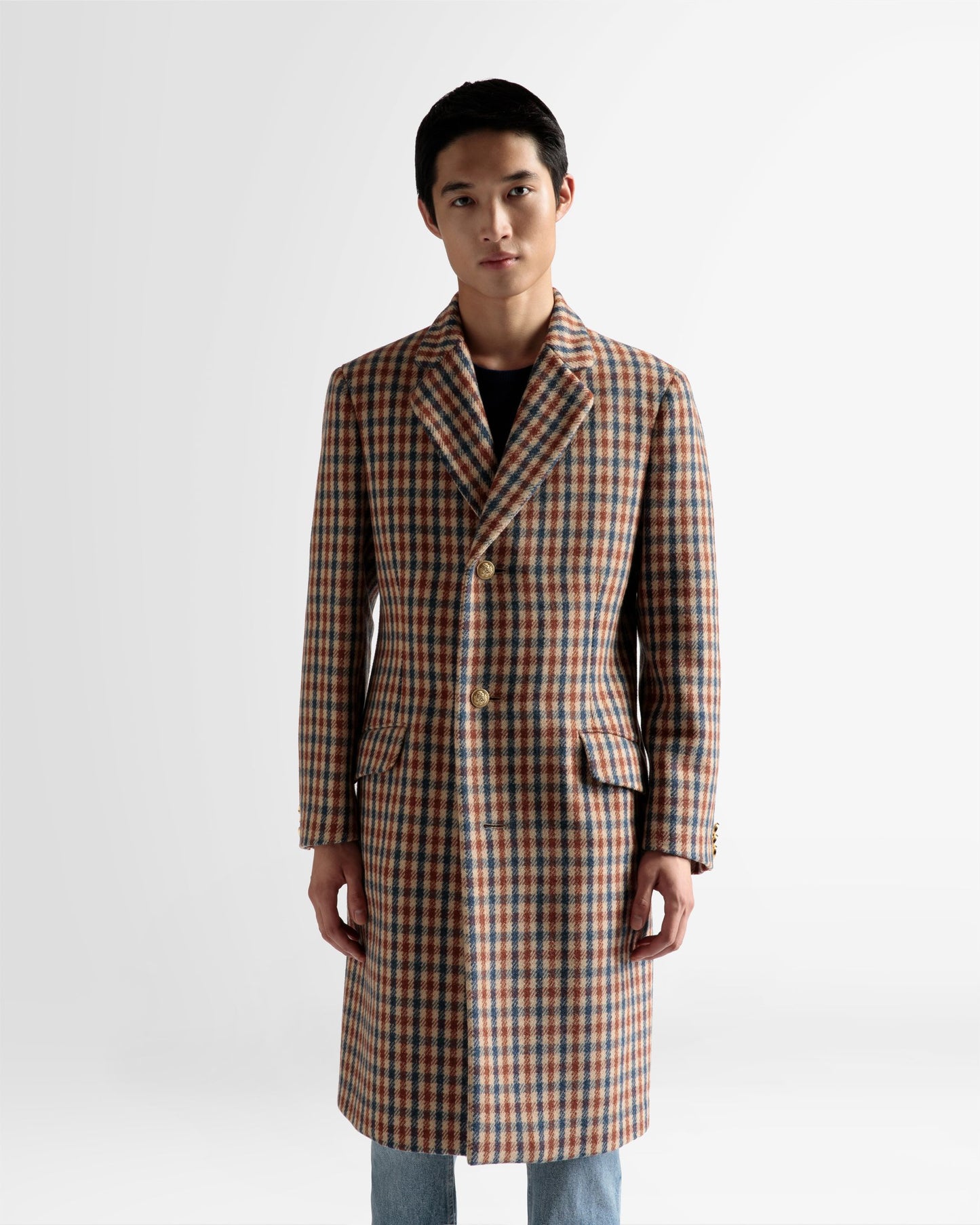Checked Coat | Men's Outerwear | Brown Wool Mix | Bally | On Model Close Up