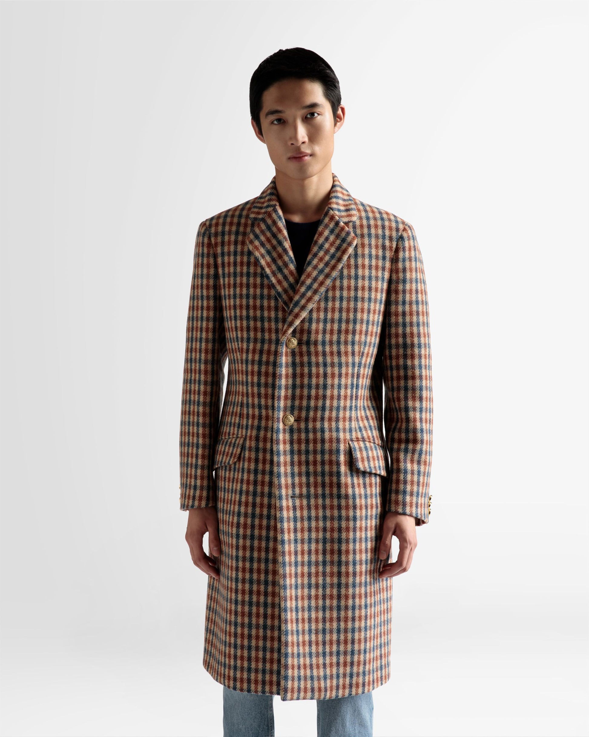 Checked Coat | Men's Outerwear | Brown Wool Mix | Bally | On Model Close Up