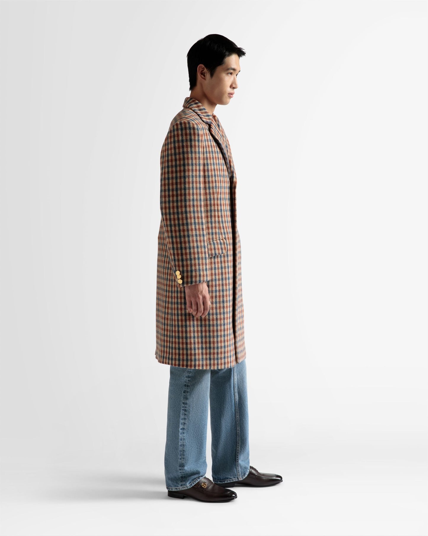 Checked Coat | Men's Outerwear | Brown Wool Mix | Bally | On Model 3/4 Front