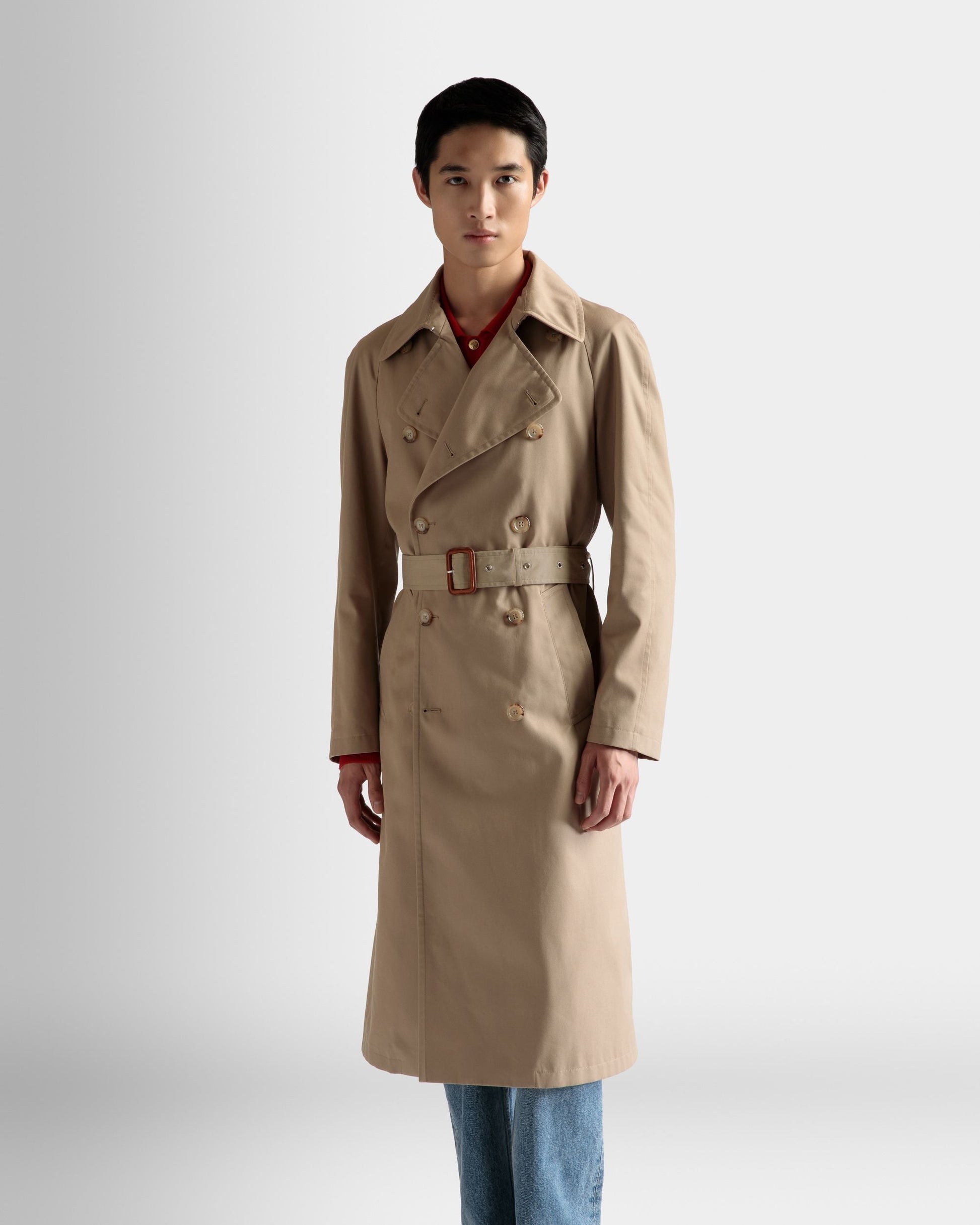Trench Coat | Men's Outerwear | Brown Cotton | Bally | On Model Close Up