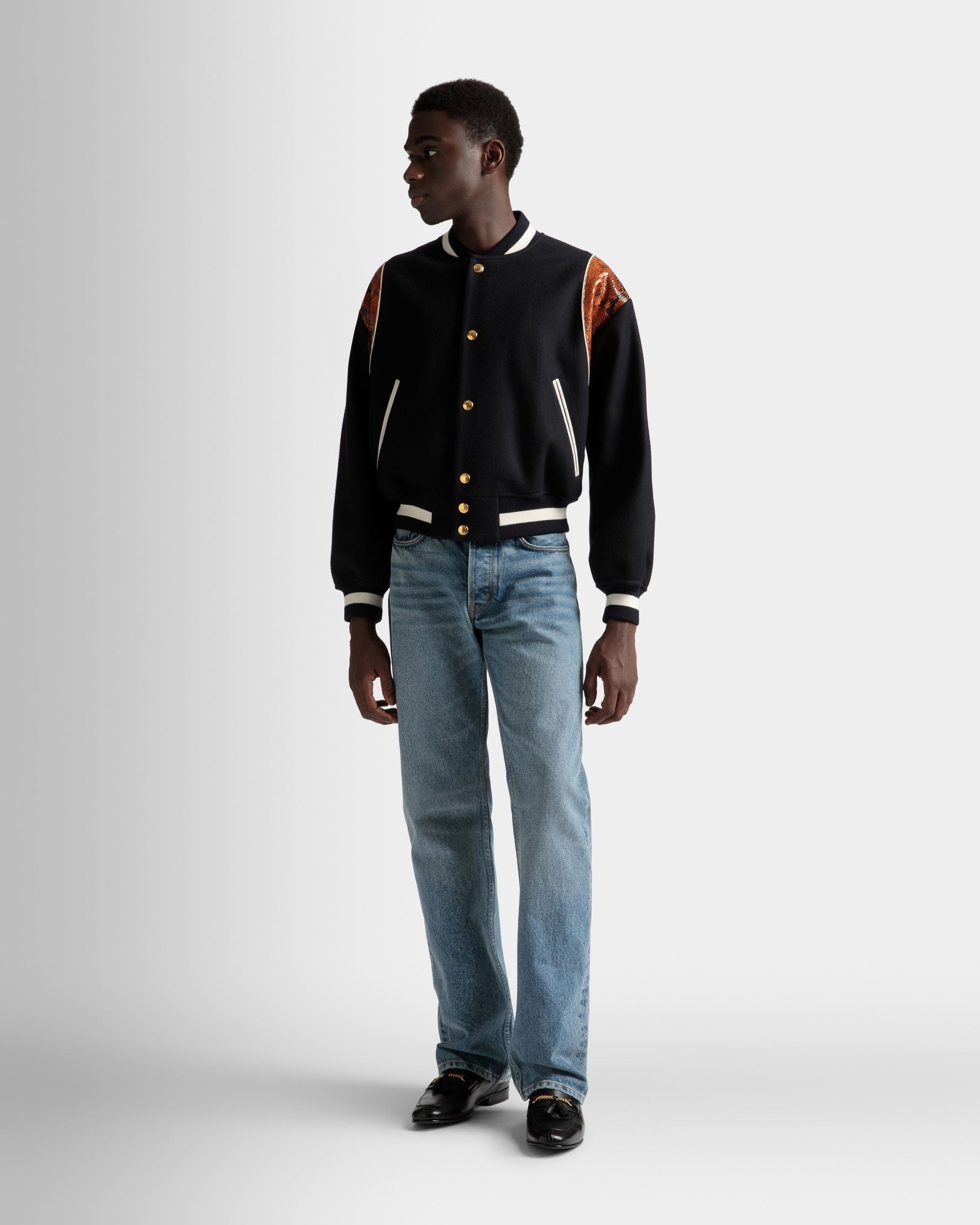 Letterman Jacket | Men's Outerwear | Navy Wool Mix | Bally | On Model Front