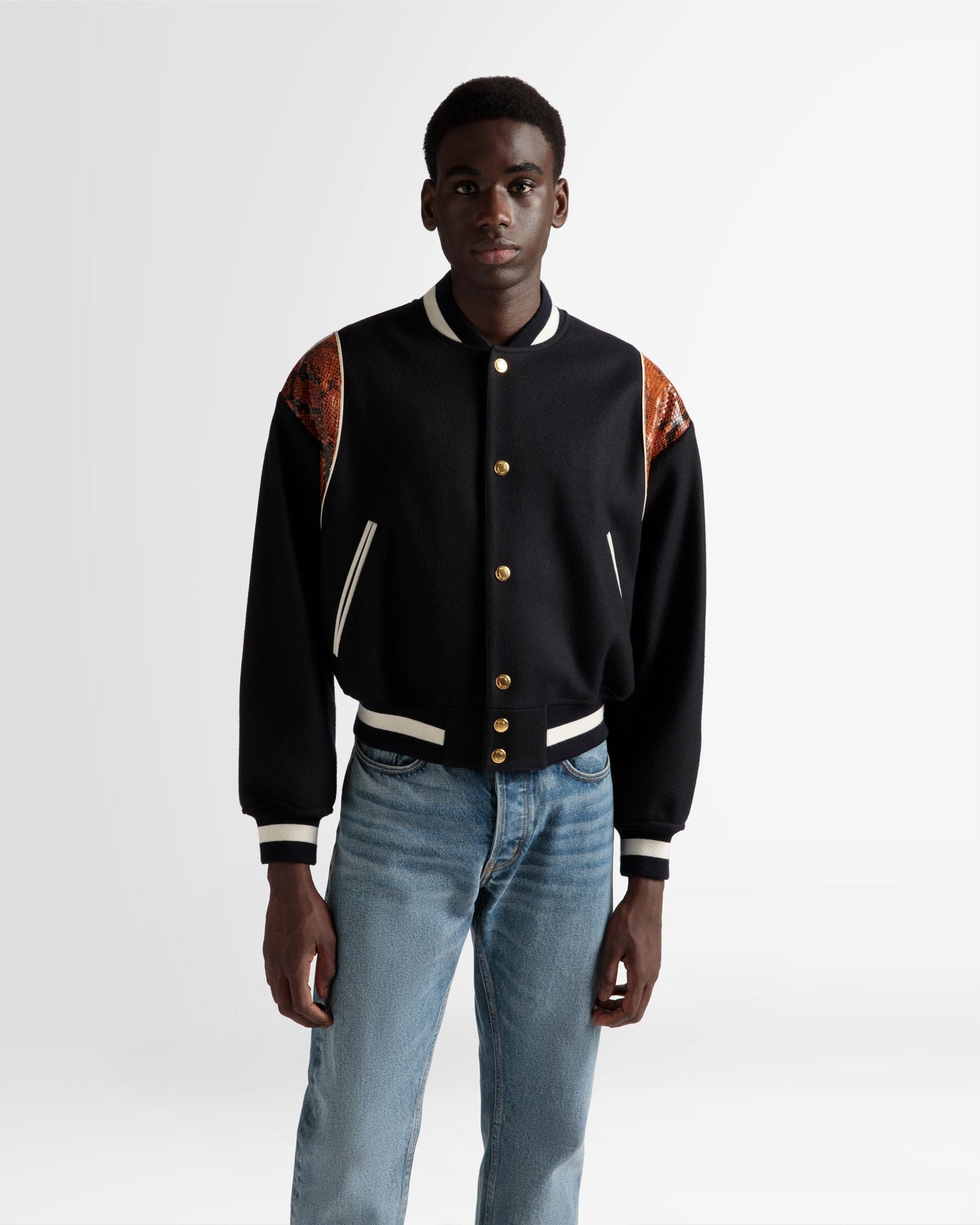 Letterman Jacket | Men's Outerwear | Navy Wool Mix | Bally | On Model Close Up