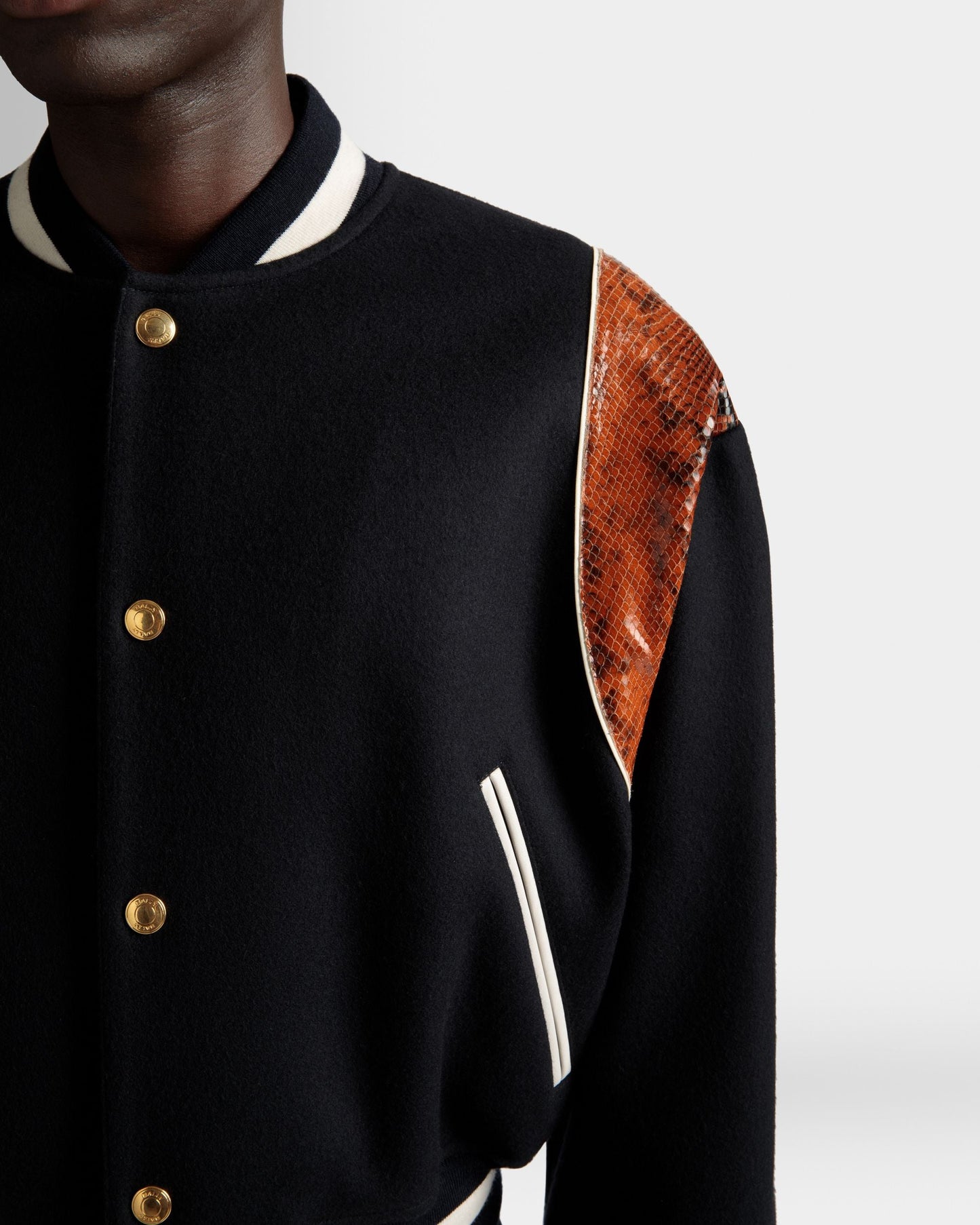 Letterman Jacket | Men's Outerwear | Navy Wool Mix | Bally | On Model Detail