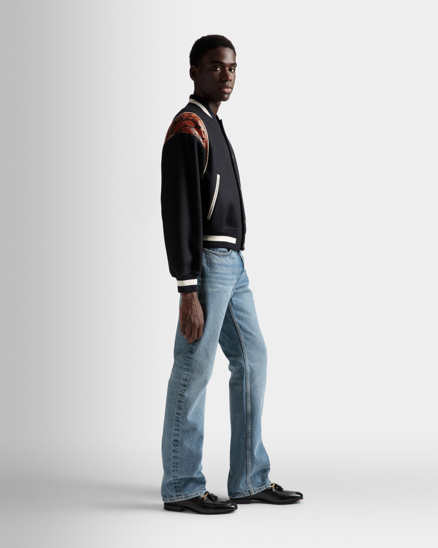 Letterman Jacket | Men's Outerwear | Navy Wool Mix | Bally | On Model 3/4 Front