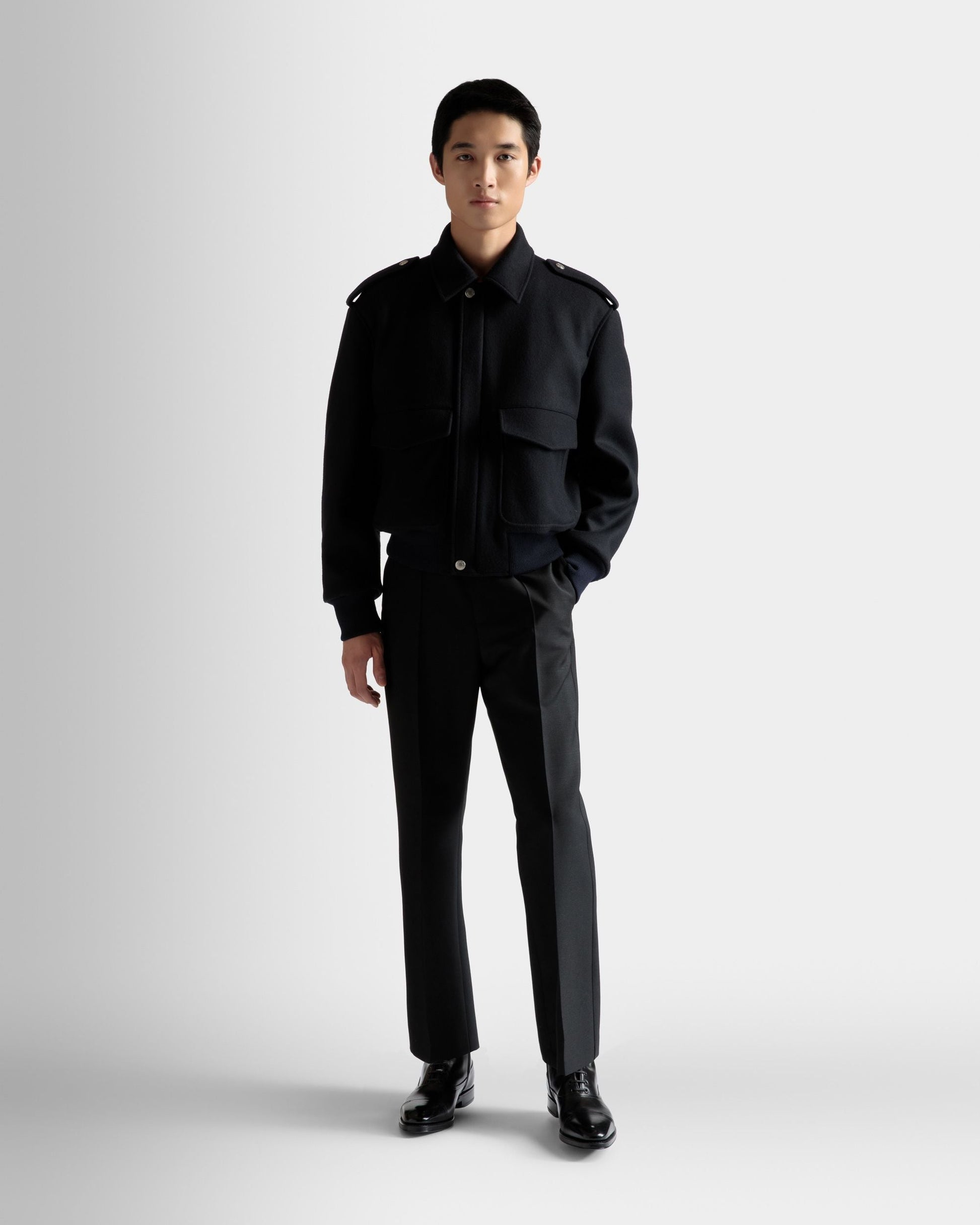 Bomber Jacket | Men's Outerwear | Navy Wool Mix | Bally | On Model Front