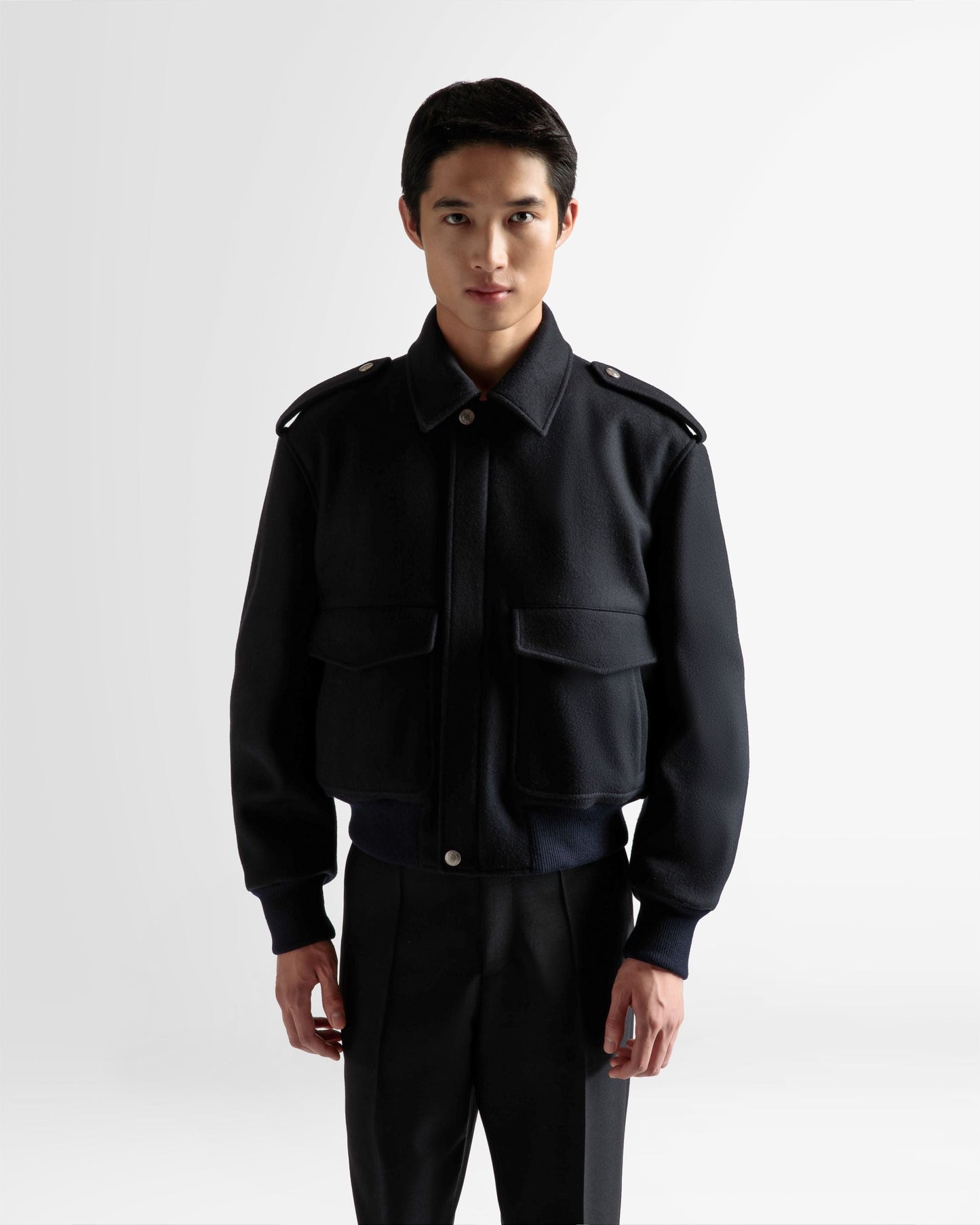 Bomber Jacket | Men's Outerwear | Navy Wool Mix | Bally | On Model Close Up