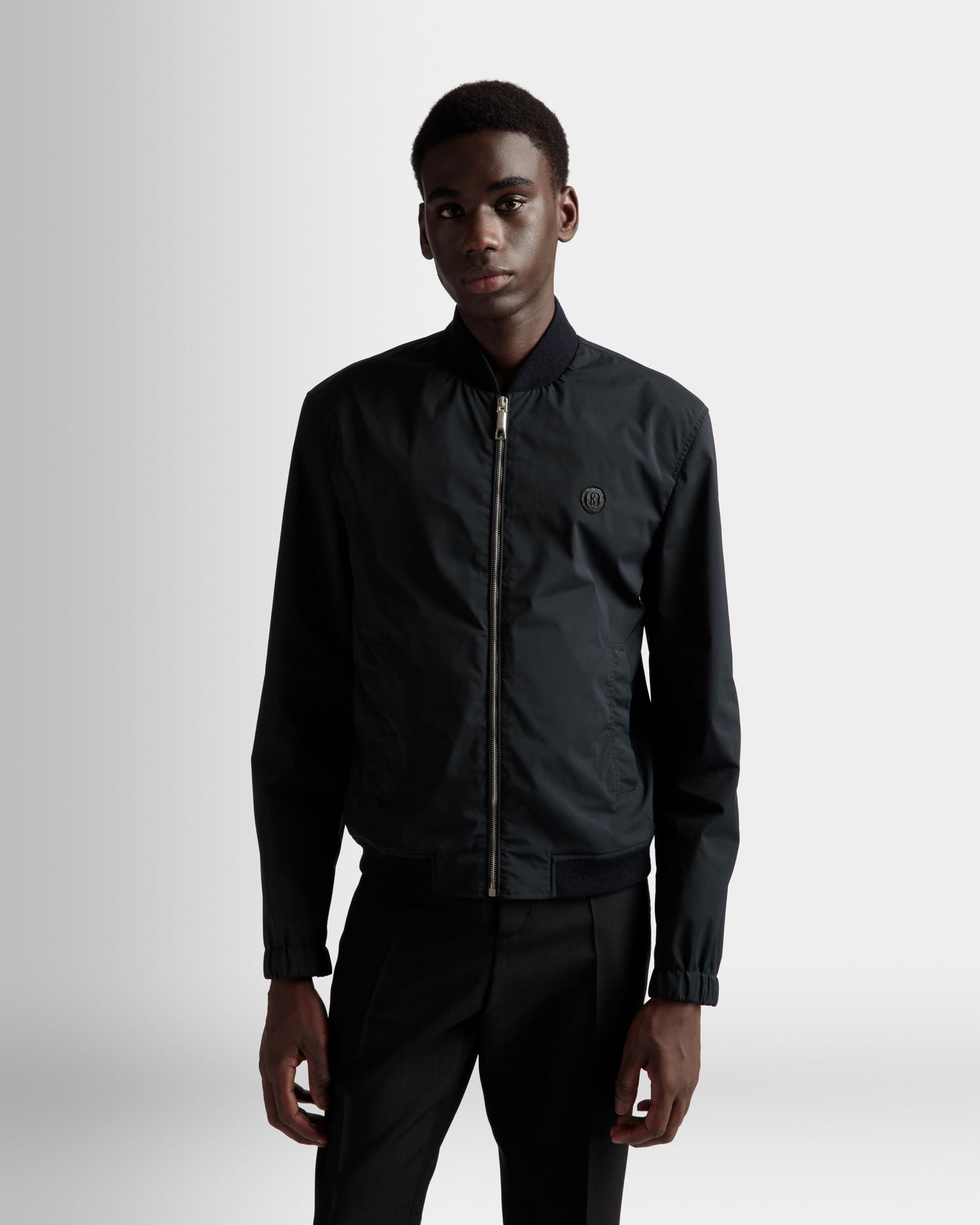 Bomber Jacket | Men's Jacket | Ink Polyester Mix | Bally | On Model Close Up
