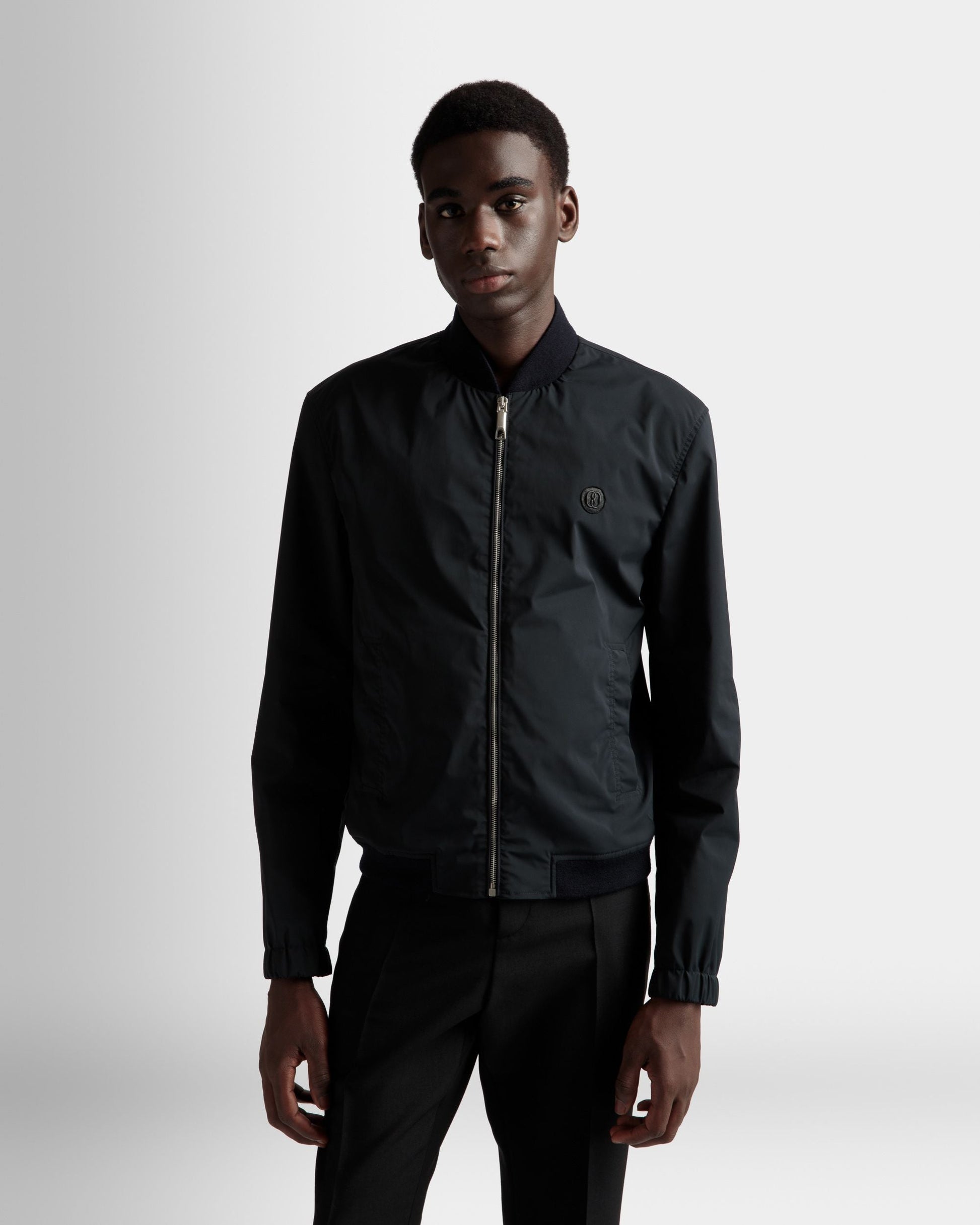 Bomber Jacket | Men's Jacket | Ink Polyester Mix | Bally | On Model Close Up