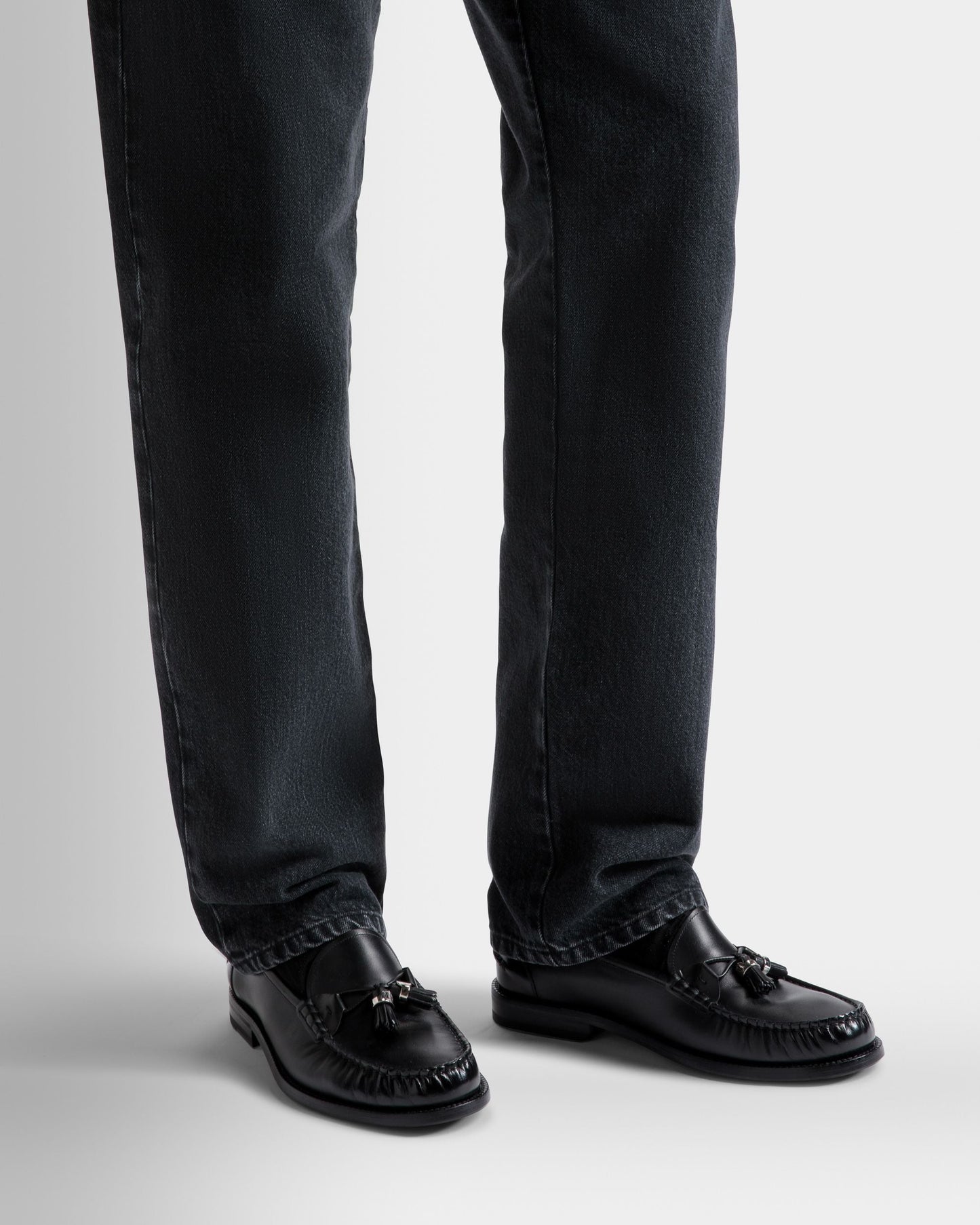 Ribald | Men's Mocassins | Black Leather | Bally | On Model Close Up
