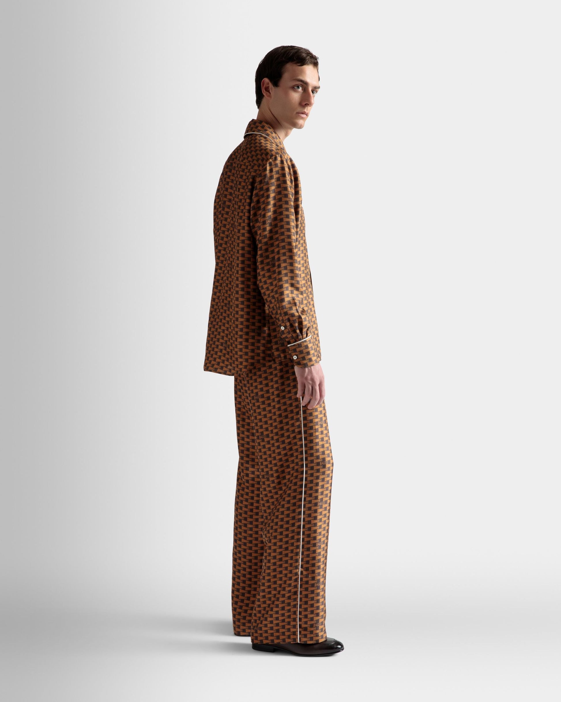 Pennant Print Shirt | Men's Shirt | Brown Silk | Bally | On Model 3/4 Front