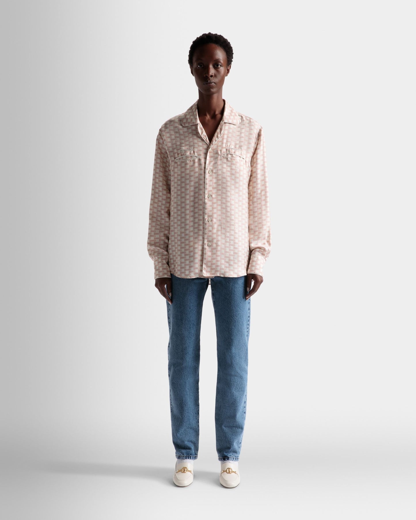 Pennant Print Shirt | Men's Shirt | Dusty Petal Silk | Bally | On Model Front