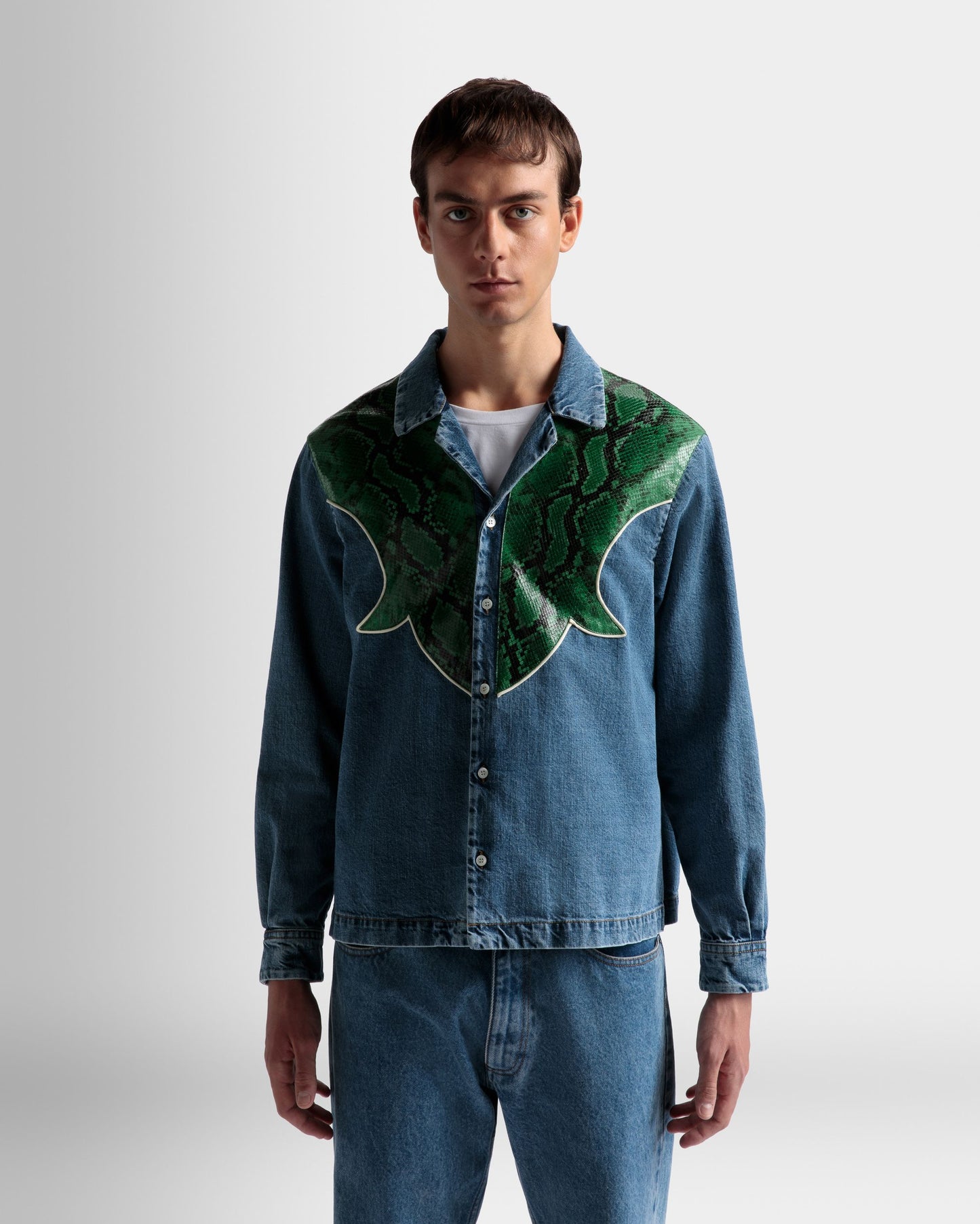 Shirt | Men's Shirts | Light Blue Chambray | Bally | On Model Close Up