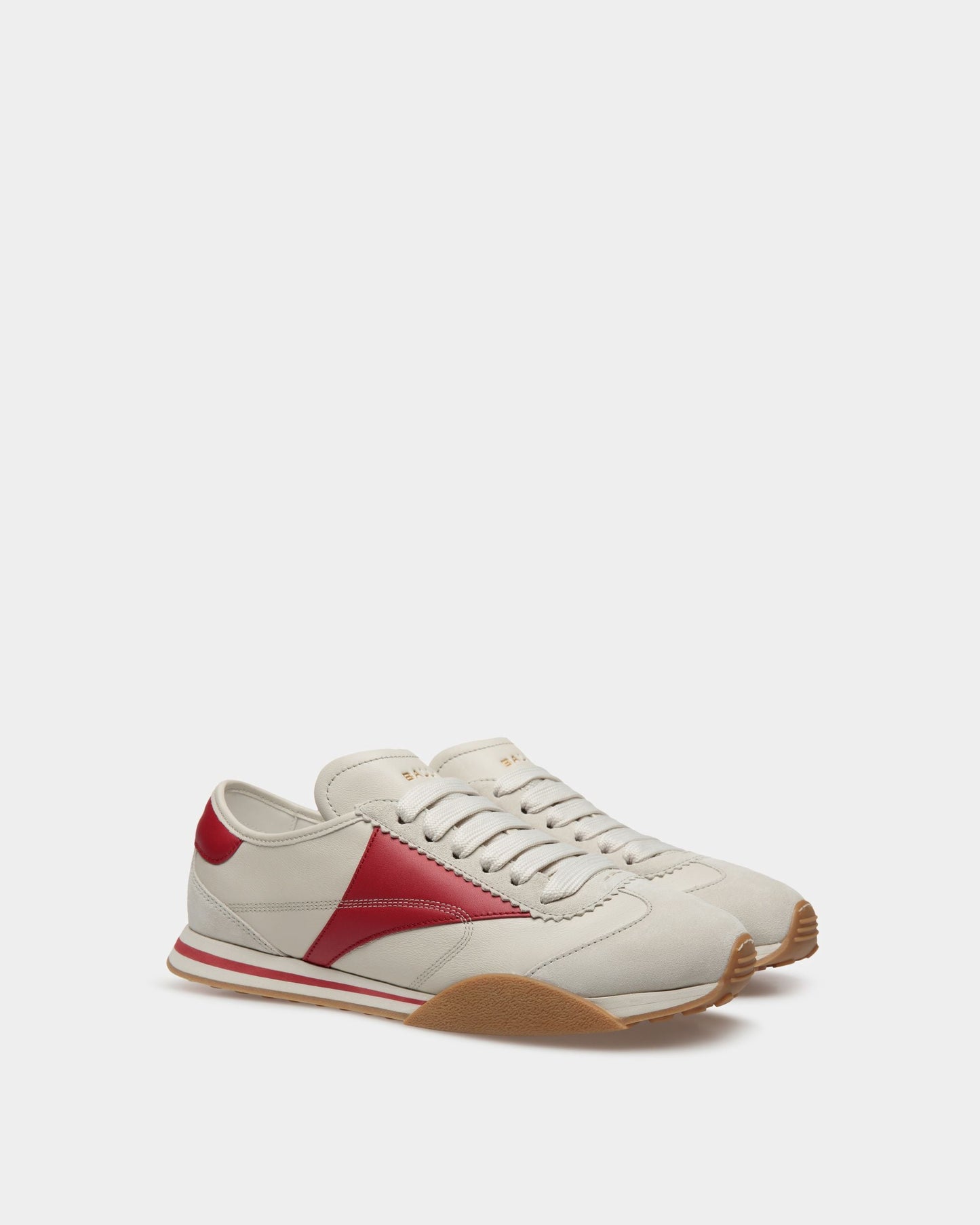 Sonney | Men's Sneakers | Dusty White And Deep Ruby Leather | Bally | Still Life 3/4 Front