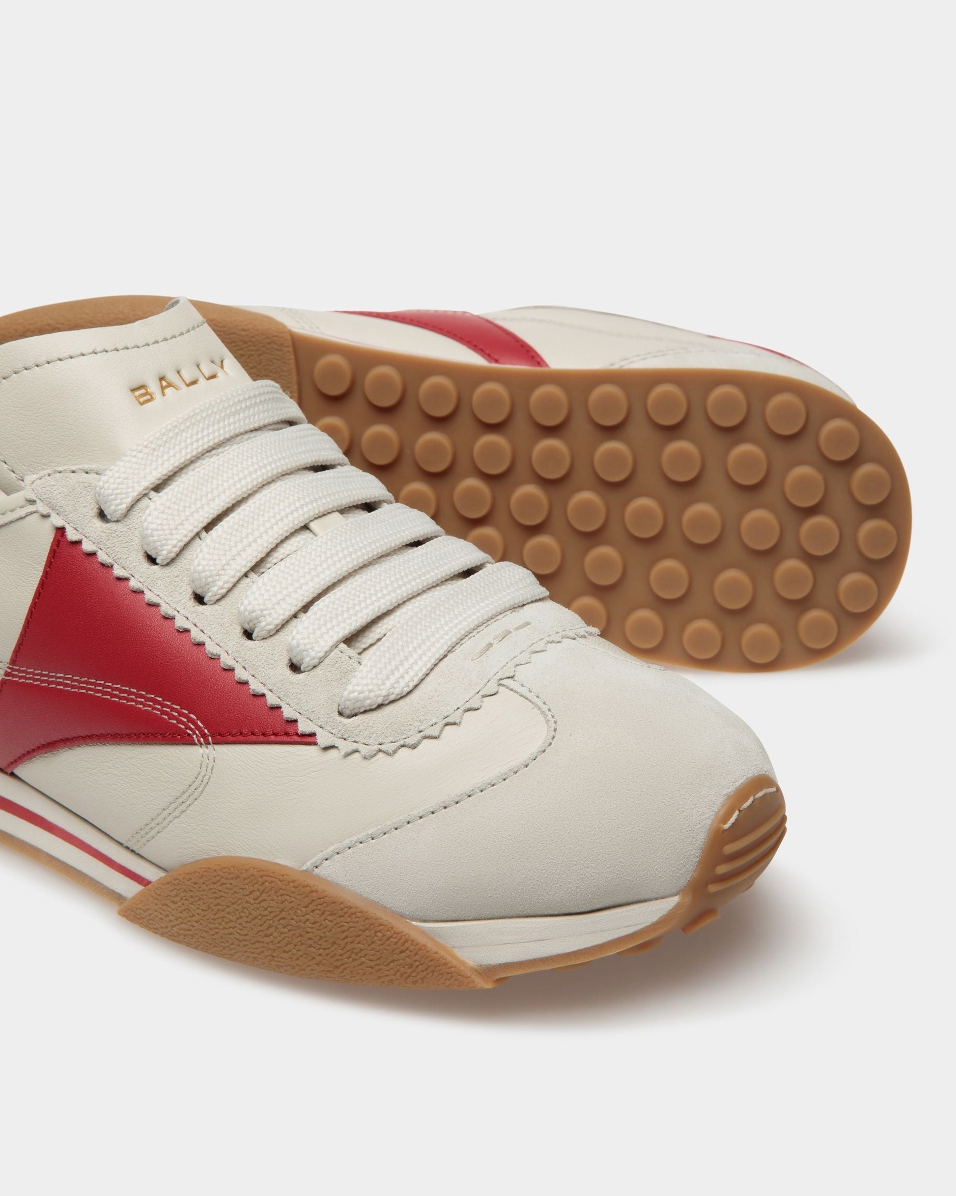 Sonney | Men's Sneakers | Dusty White And Deep Ruby Leather | Bally | Still Life Below