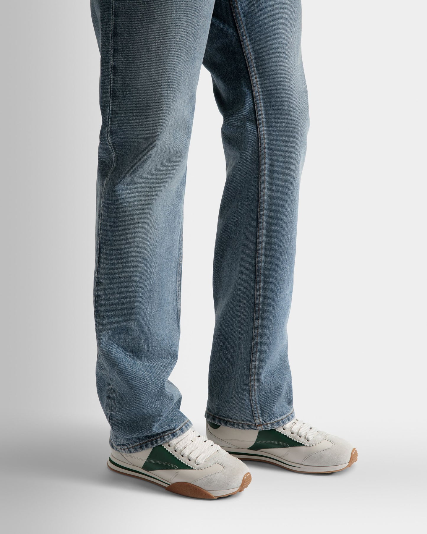 Sonney | Men's Sneakers | Dusty White And Kelly Green Leather| Bally | On Model Close Up