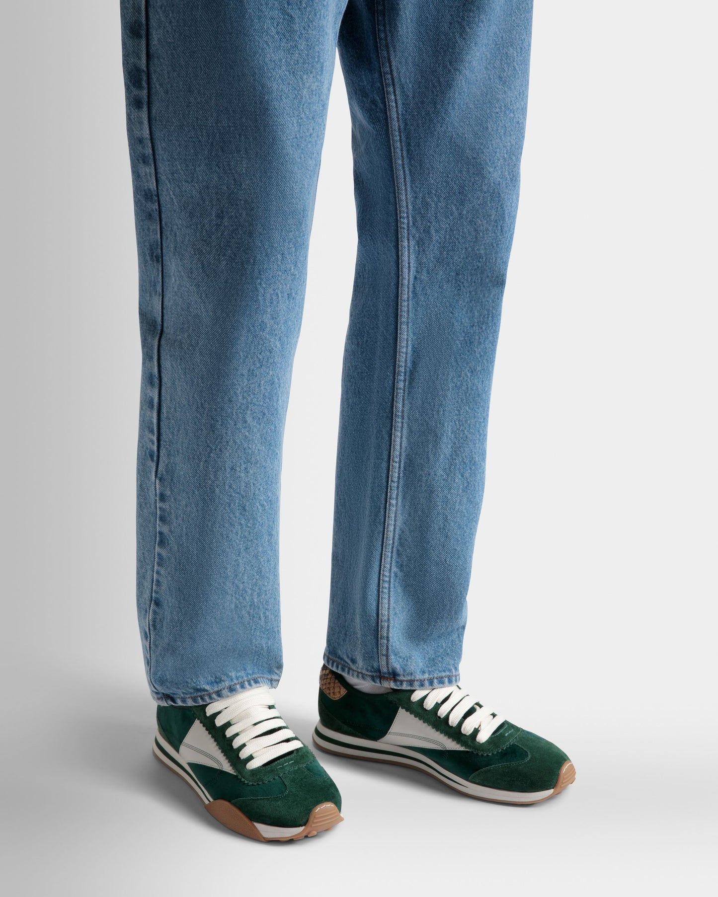 Sonney | Men's Sneakers | Green And Dusty White Leather And Cotton | Bally | On Model Close Up