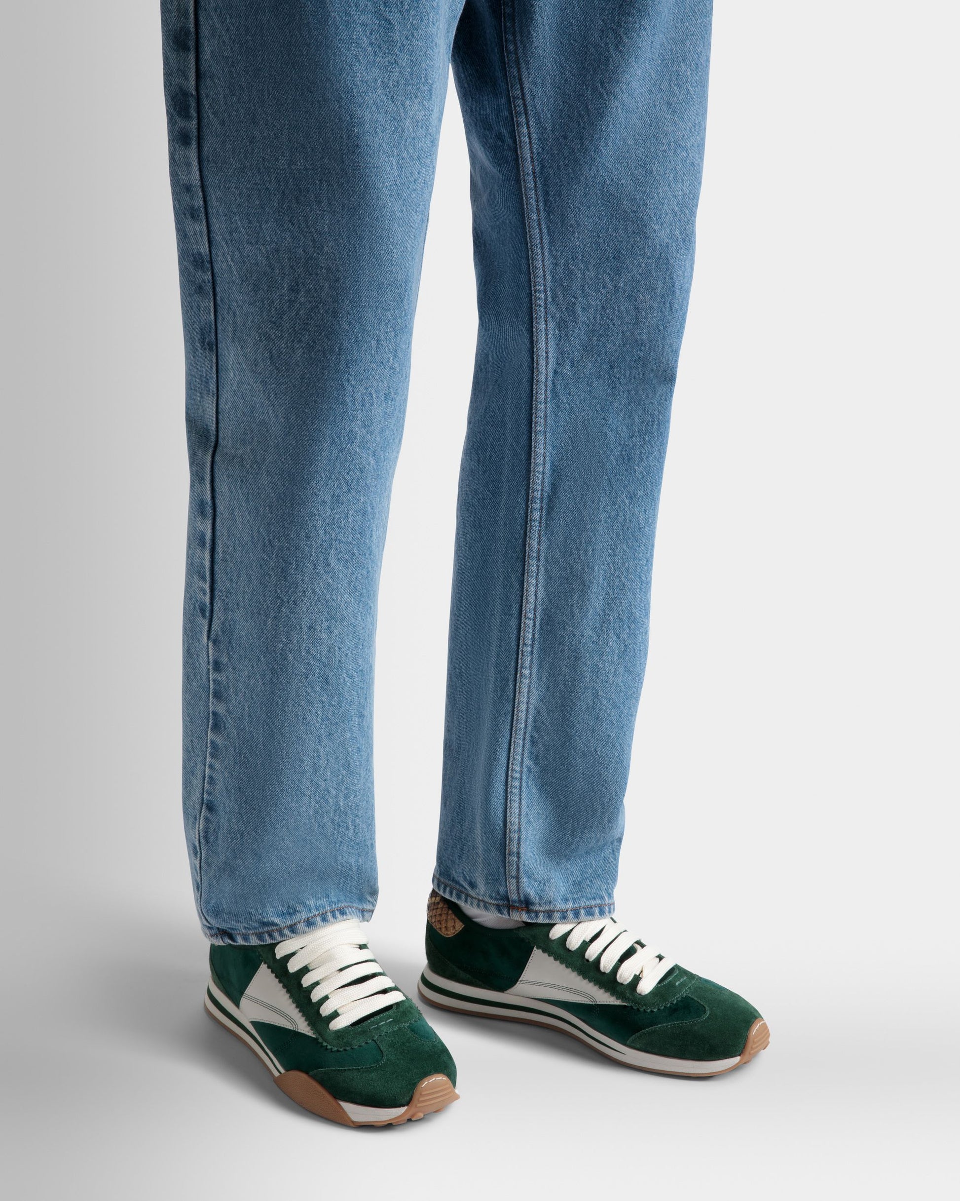 Sonney | Men's Sneakers | Green And Dusty White Leather And Cotton | Bally | On Model Close Up