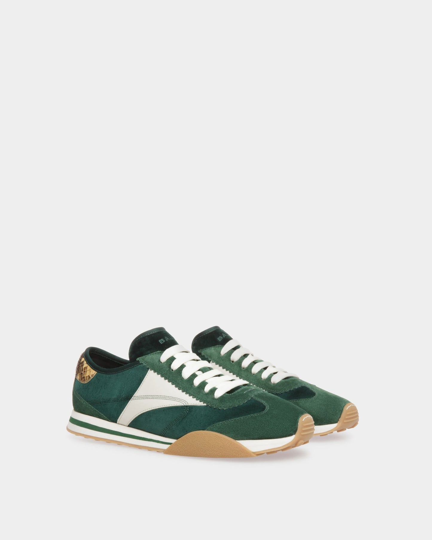 Sonney | Men's Sneakers | Green And Dusty White Leather And Cotton | Bally | Still Life 3/4 Front